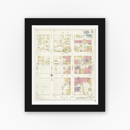Old map wall art mockup — black gallery frame with white mat — Sanborn Fire Insurance Map from Bemidji, Beltrami County, Minnesota (1916), Sheet #0005