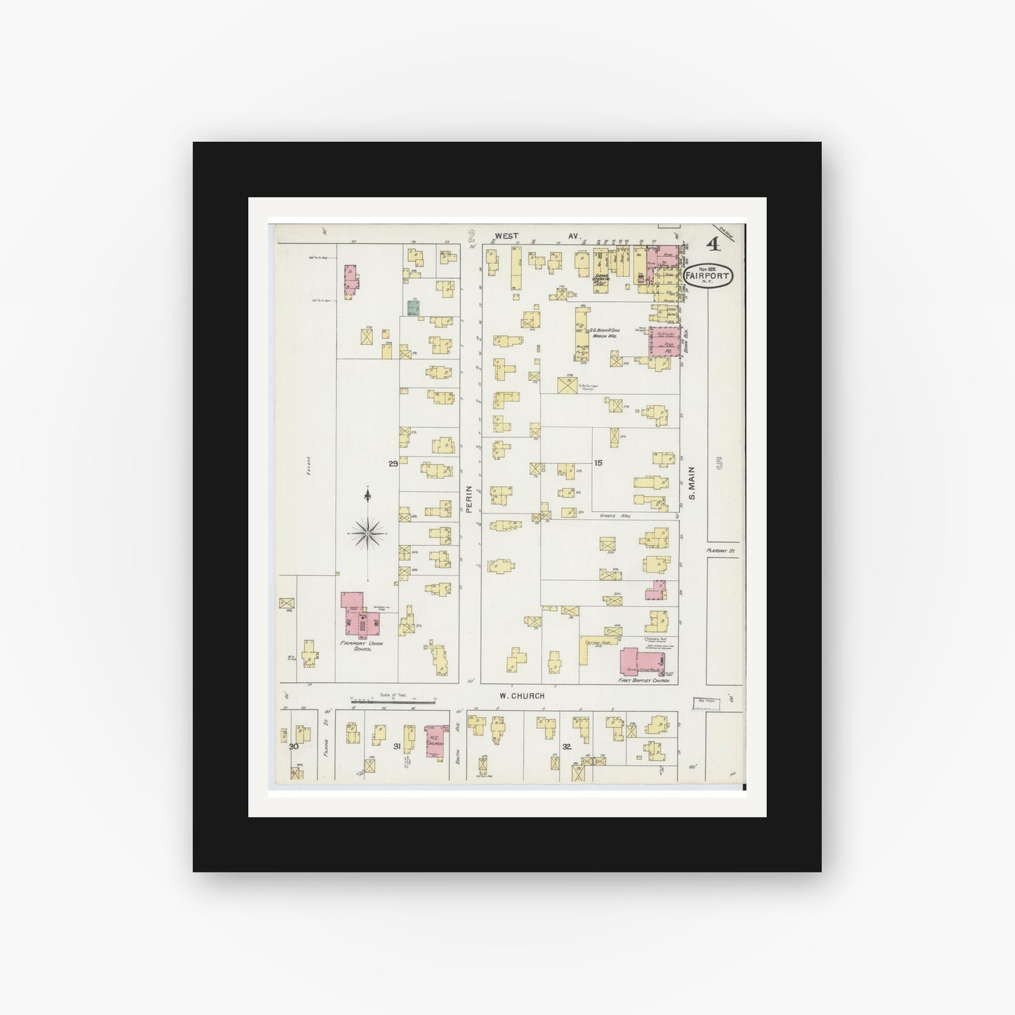Old map wall art mockup — black gallery frame with white mat — Sanborn Fire Insurance Map from Fairport, Monroe County, New York (1892), Sheet #0004