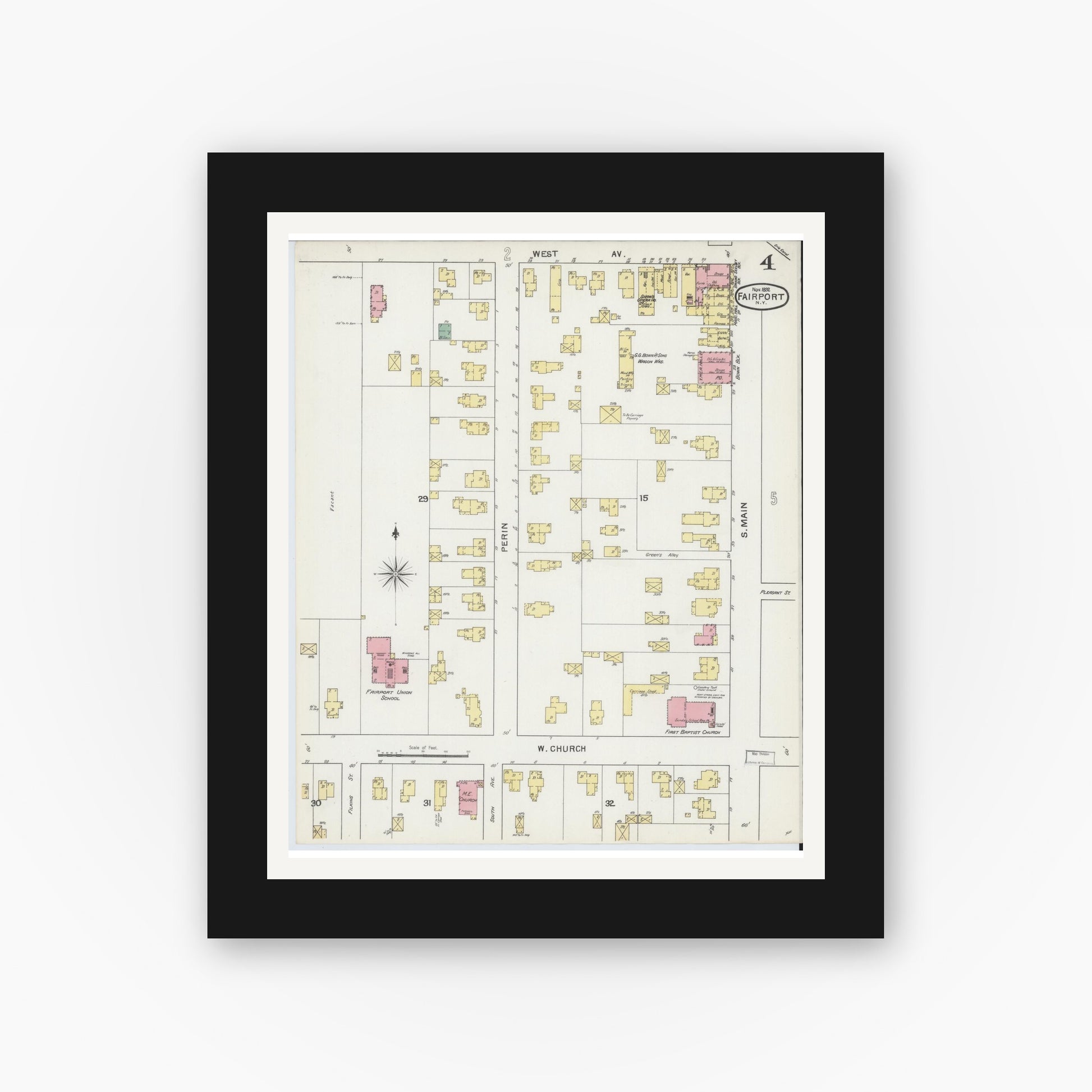 Old map wall art mockup — black gallery frame with white mat — Sanborn Fire Insurance Map from Fairport, Monroe County, New York (1892), Sheet #0004