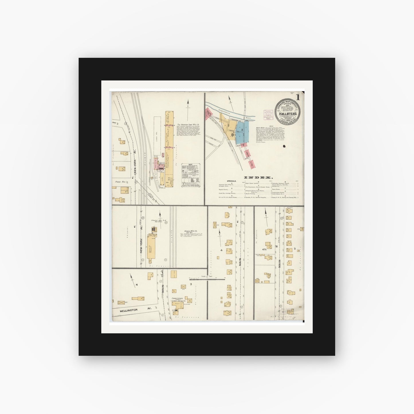 Old map wall art mockup — black gallery frame with white mat — Sanborn Fire Insurance Map from Hallstead, Susquehanna County, Pennsylvania (1904), Sheet #0001