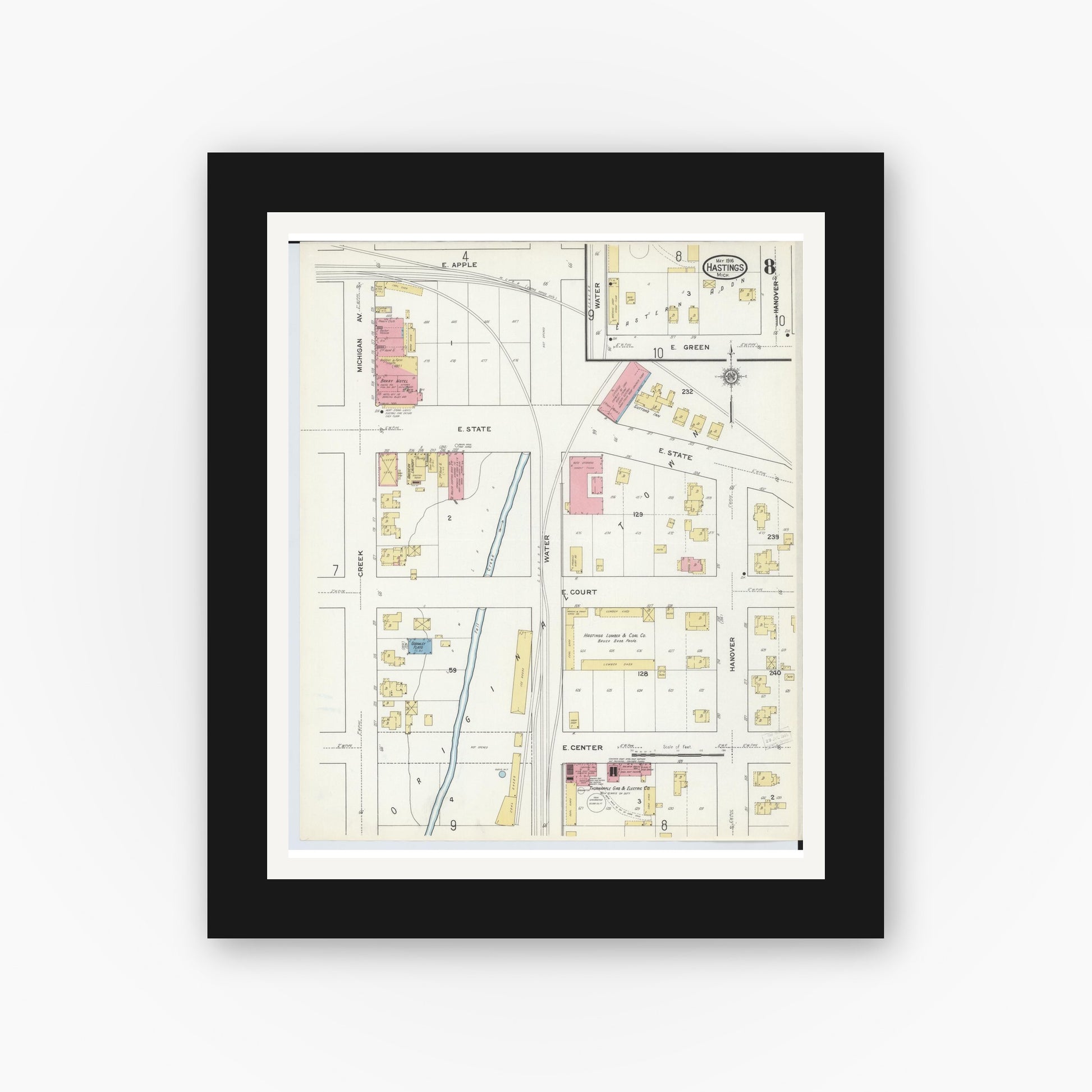 Old map wall art mockup — black gallery frame with white mat — Sanborn Fire Insurance Map from Hastings, Barry County, Michigan (1916), Sheet #0008