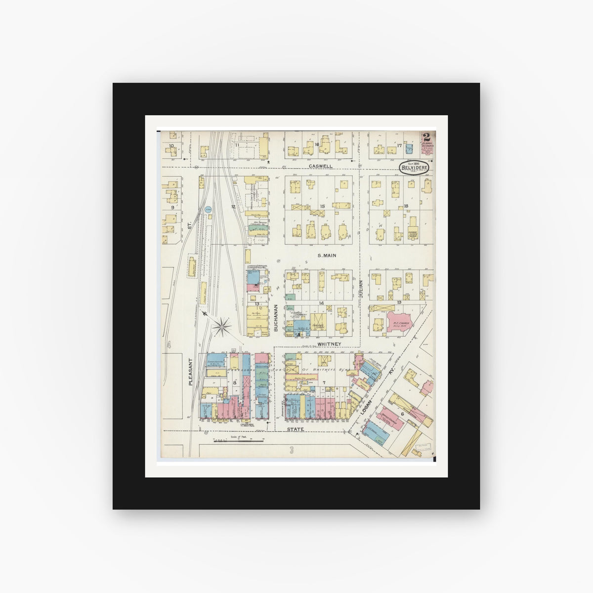 Old map wall art mockup — black gallery frame with white mat — Sanborn Fire Insurance Map from Belvidere, Boone County, Illinois (1892), Sheet #0002