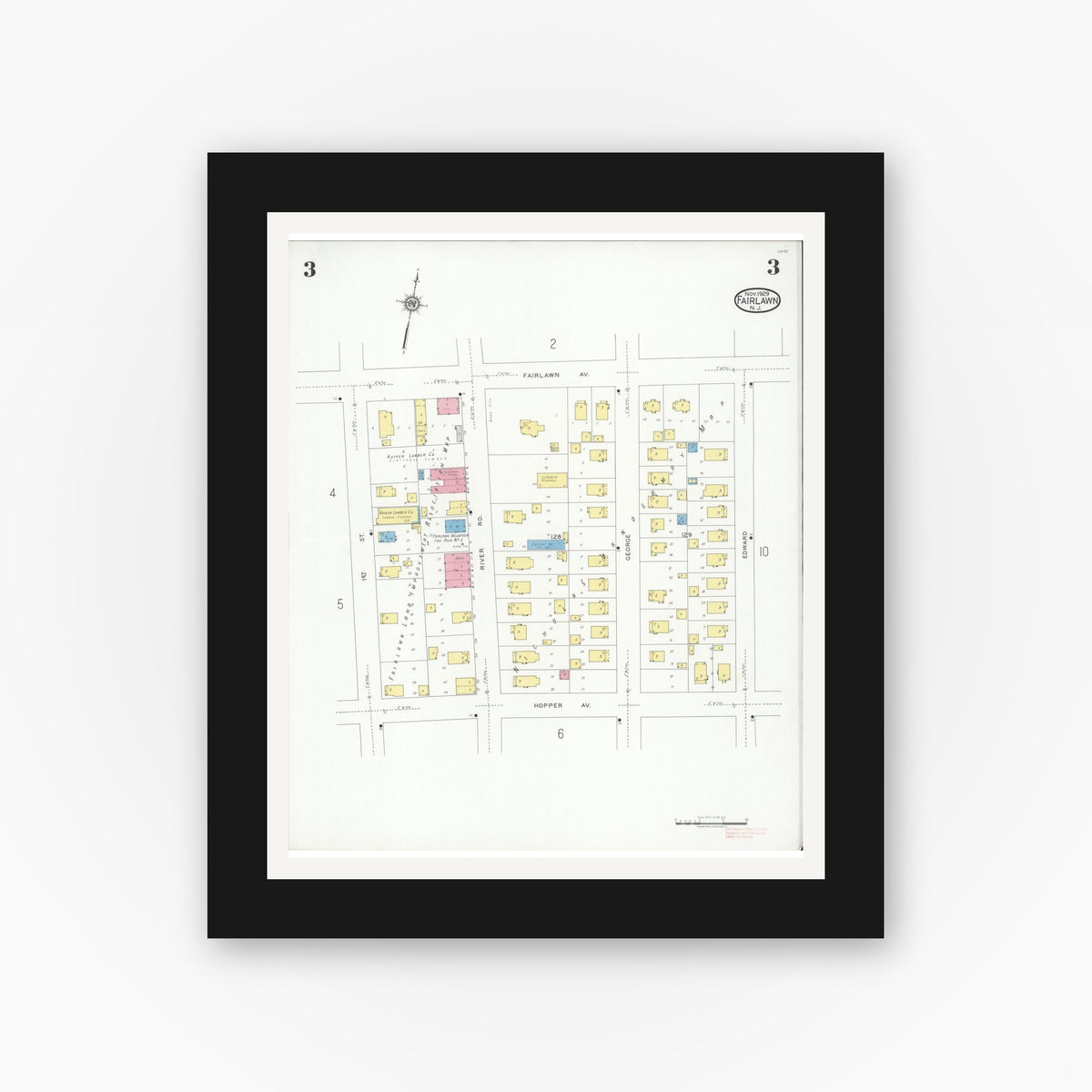 Old map wall art mockup — black gallery frame with white mat — Sanborn Fire Insurance Map from Fair Lawn, Bergen County, New Jersey (1929), Sheet #0003