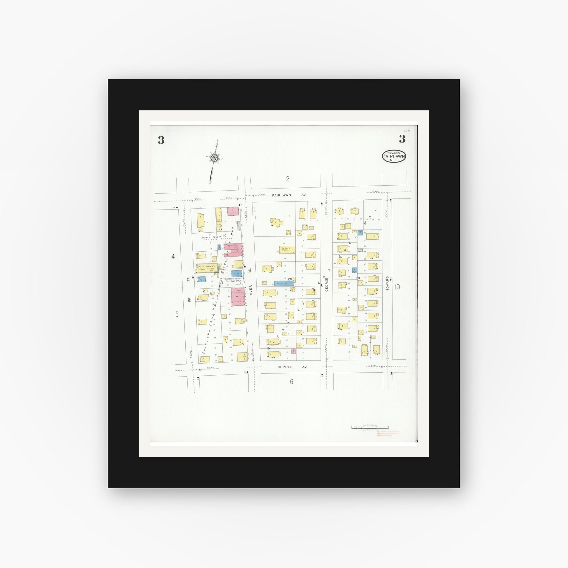 Old map wall art mockup — black gallery frame with white mat — Sanborn Fire Insurance Map from Fair Lawn, Bergen County, New Jersey (1929), Sheet #0003