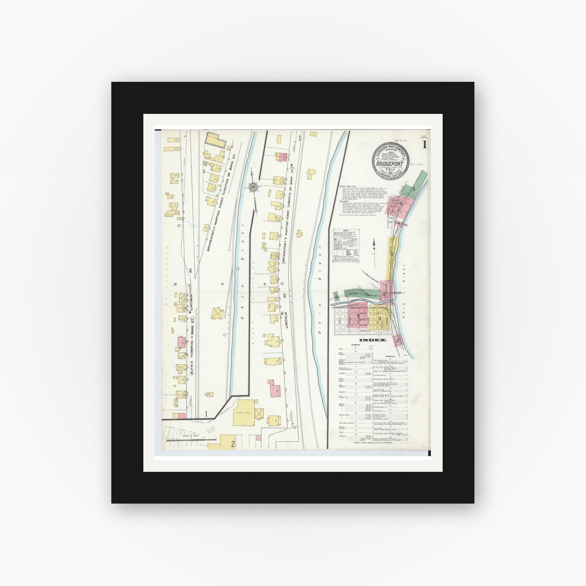 Old map wall art mockup — black gallery frame with white mat — Sanborn Fire Insurance Map from Bridgeport, Belmont County, Ohio (1910) - Complete Map Set