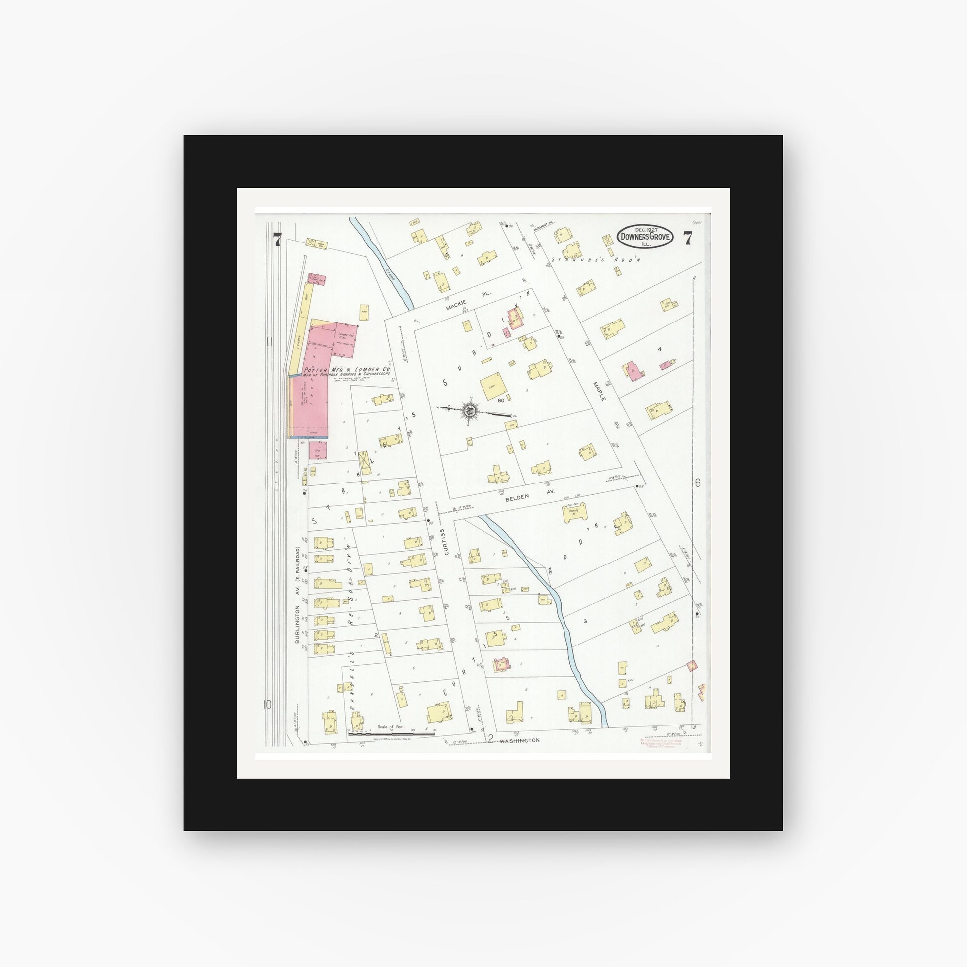 Old map wall art mockup — black gallery frame with white mat — Sanborn Fire Insurance Map from Downers Grove, Dupage County, Illinois (1927), Sheet #0007