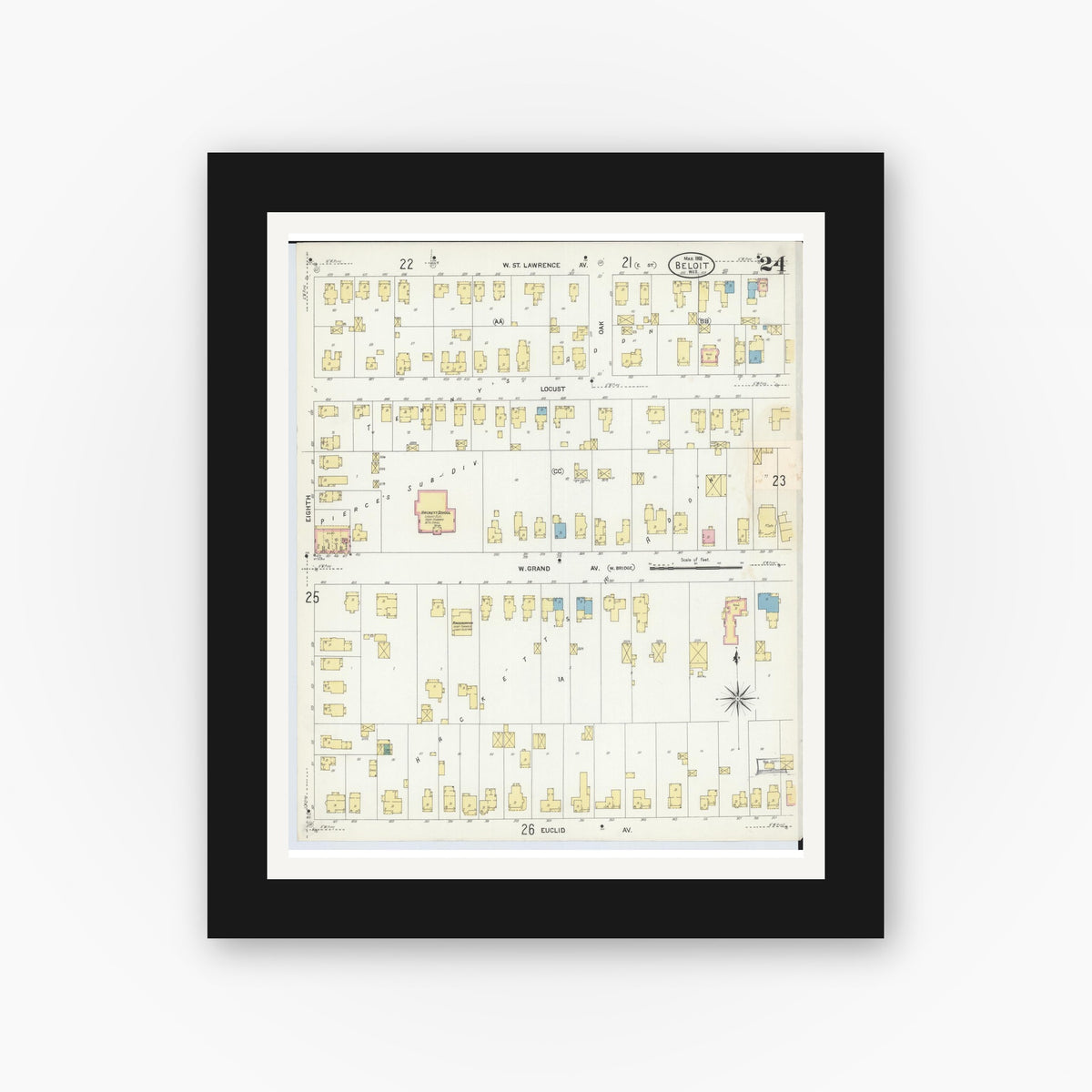Old map wall art mockup — black gallery frame with white mat — Sanborn Fire Insurance Map from Beloit, Rock County, Wisconsin (1908), Sheet #0024