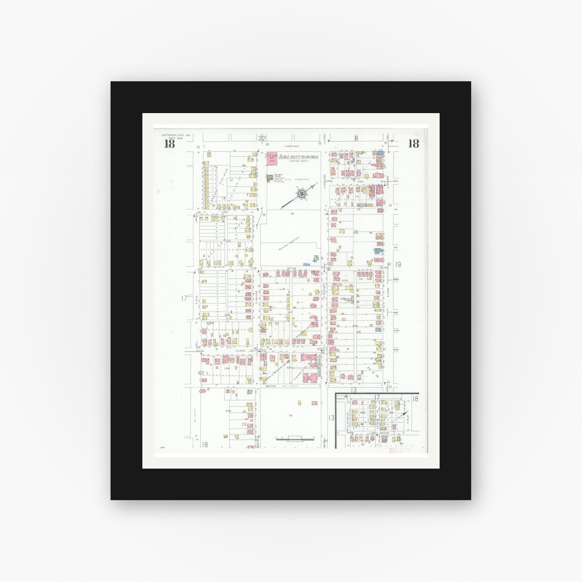 Old map wall art mockup — black gallery frame with white mat — Sanborn Fire Insurance Map from Jefferson City, Cole County, Missouri (1939), Sheet #0018