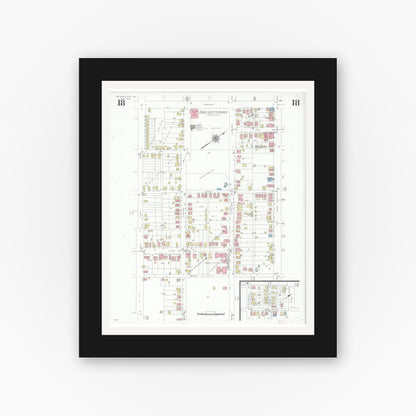 Old map wall art mockup — black gallery frame with white mat — Sanborn Fire Insurance Map from Jefferson City, Cole County, Missouri (1939), Sheet #0018