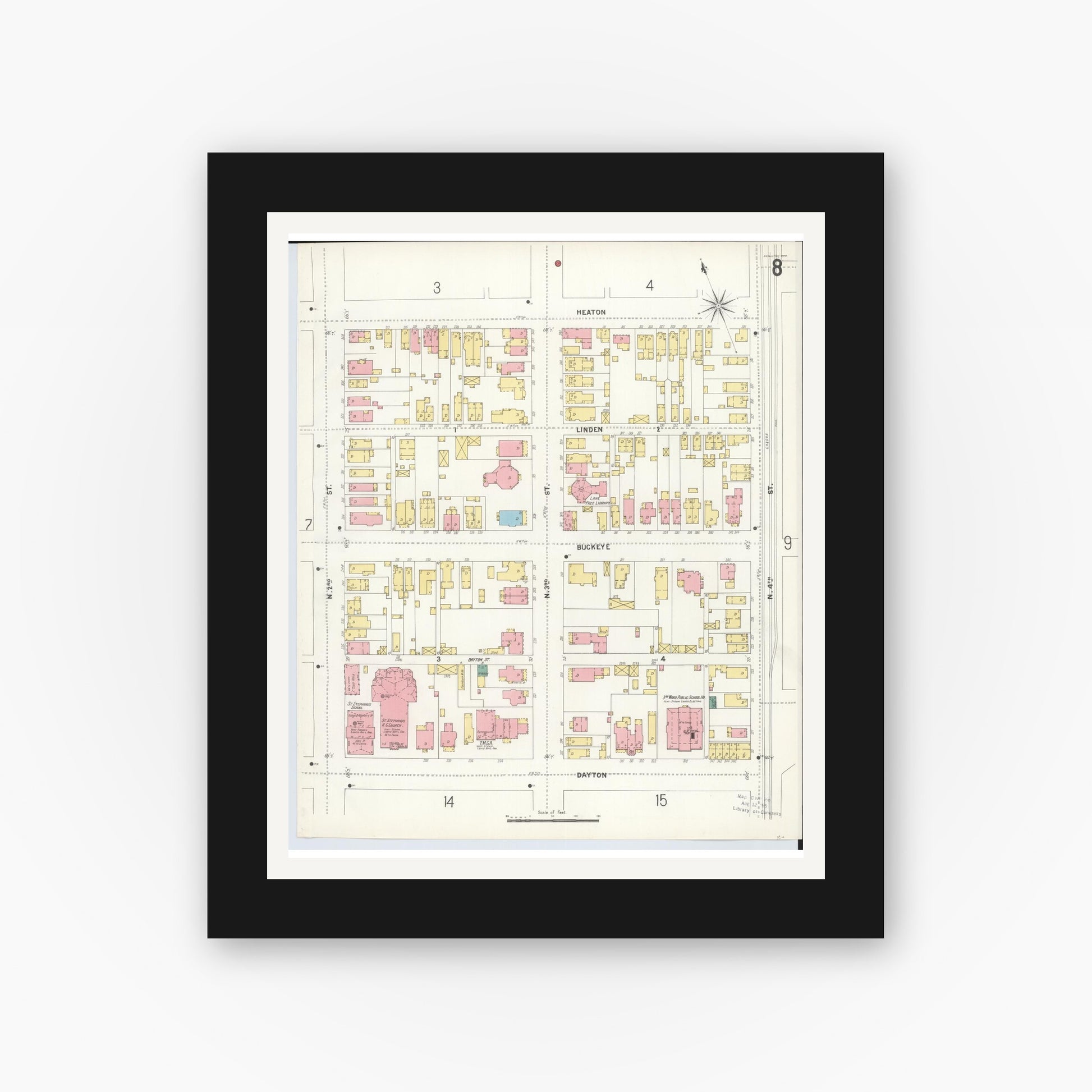 Old map wall art mockup — black gallery frame with white mat — Sanborn Fire Insurance Map from Hamilton, Butler County, Ohio (1899), Sheet #0008