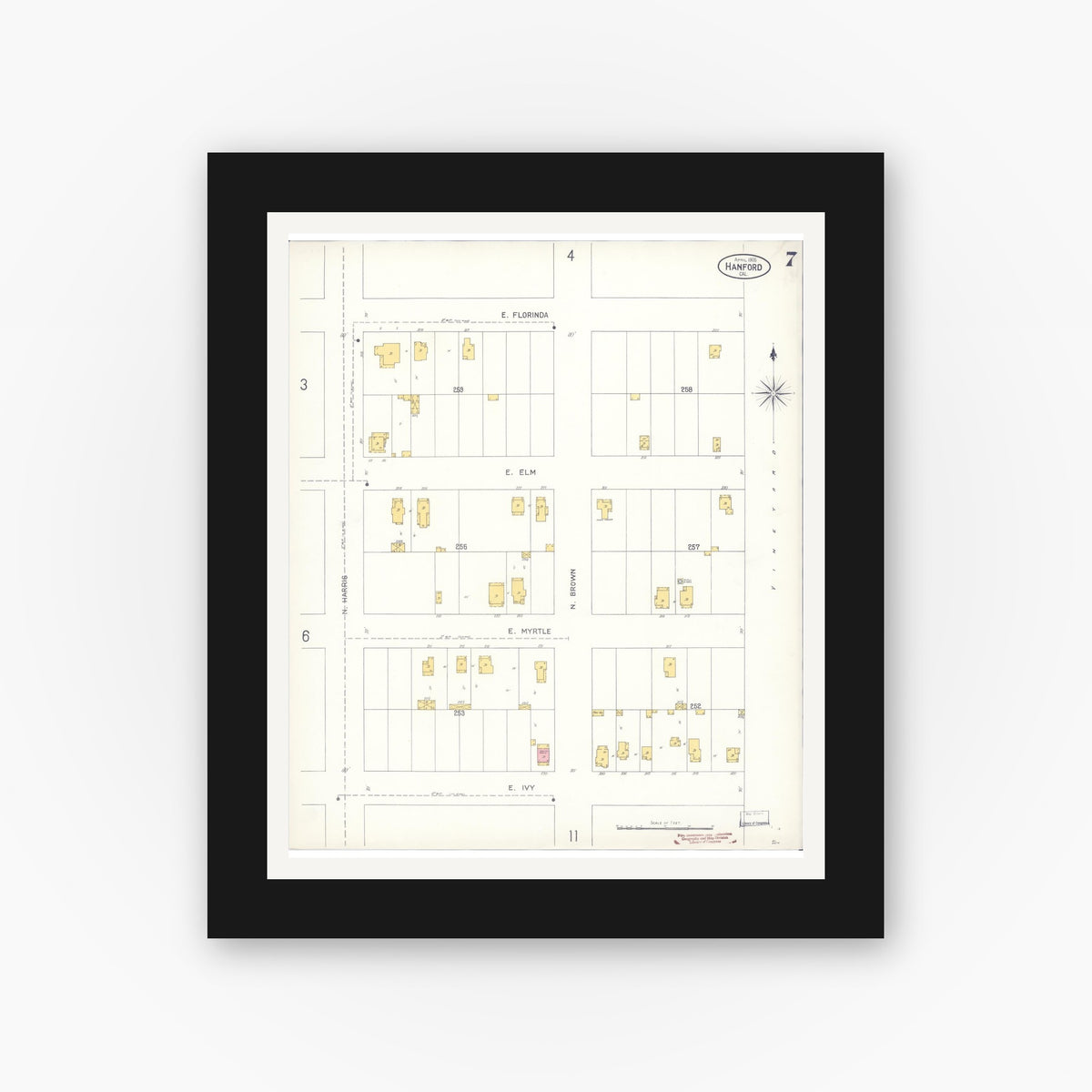 Old map wall art mockup — black gallery frame with white mat — Sanborn Fire Insurance Map from Hanford, Kings County, California (1905), Sheet #0007