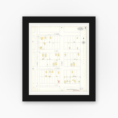 Old map wall art mockup — black gallery frame with white mat — Sanborn Fire Insurance Map from Hanford, Kings County, California (1905), Sheet #0007