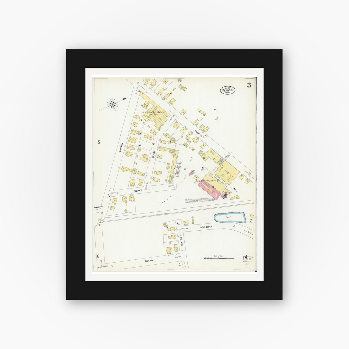 Old map wall art mockup — black gallery frame with white mat — Sanborn Fire Insurance Map from Peabody, Essex County, Massachusetts (1907), Sheet #0003