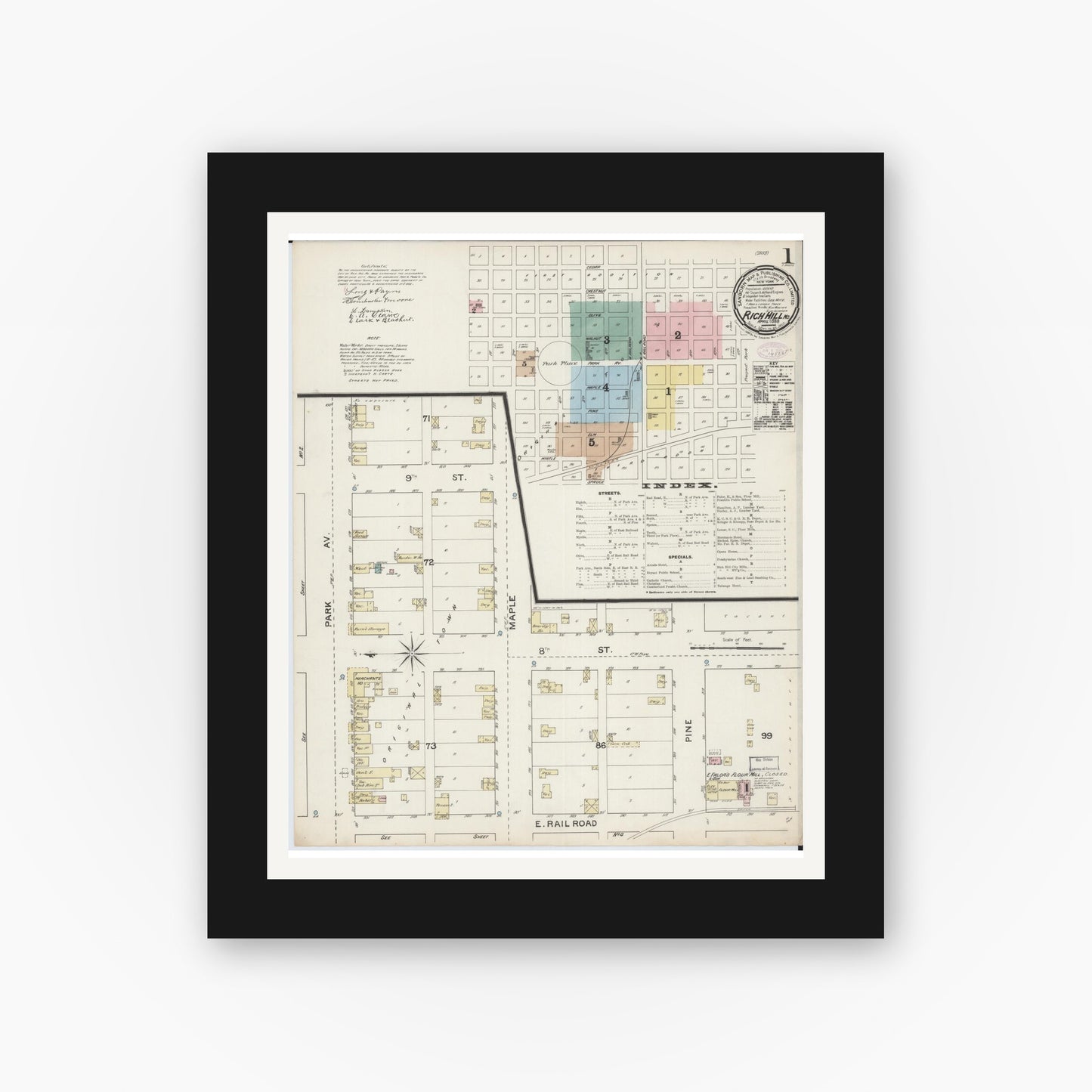 Old map wall art mockup — black gallery frame with white mat — Sanborn Fire Insurance Map from Rich Hill, Bates County, Missouri (1888) - Complete Map Set