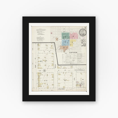 Old map wall art mockup — black gallery frame with white mat — Sanborn Fire Insurance Map from Rich Hill, Bates County, Missouri (1888) - Complete Map Set