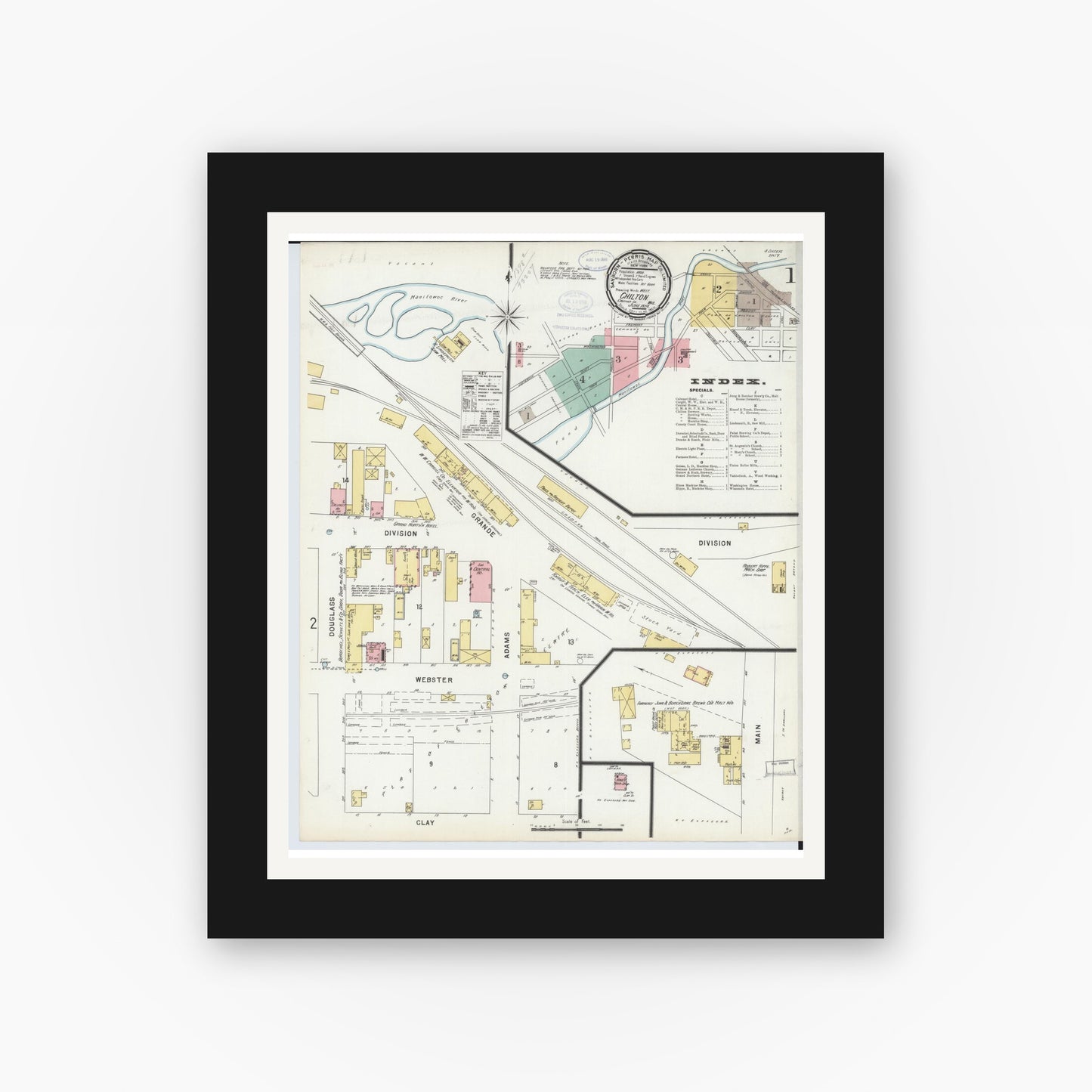 Old map wall art mockup — black gallery frame with white mat — Sanborn Fire Insurance Map from Chilton, Calumet County, Wisconsin (1898), Sheet #0001