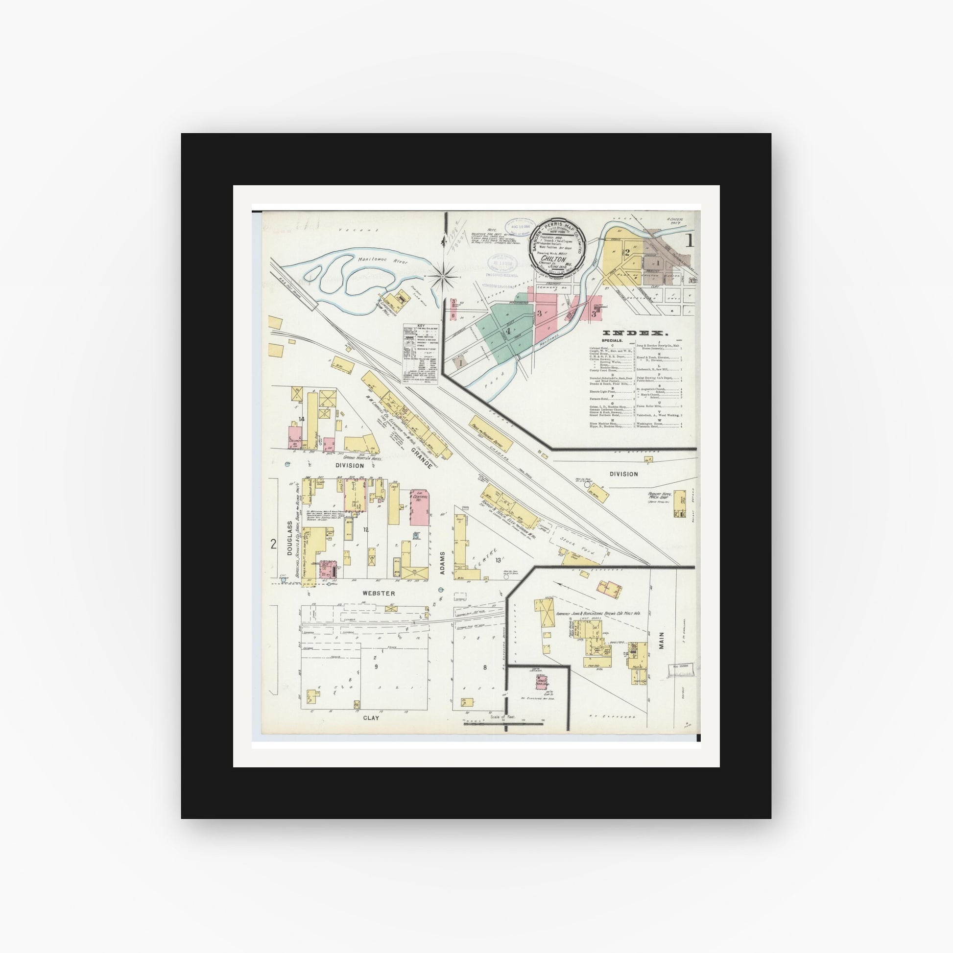 Old map wall art mockup — black gallery frame with white mat — Sanborn Fire Insurance Map from Chilton, Calumet County, Wisconsin (1898), Sheet #0001