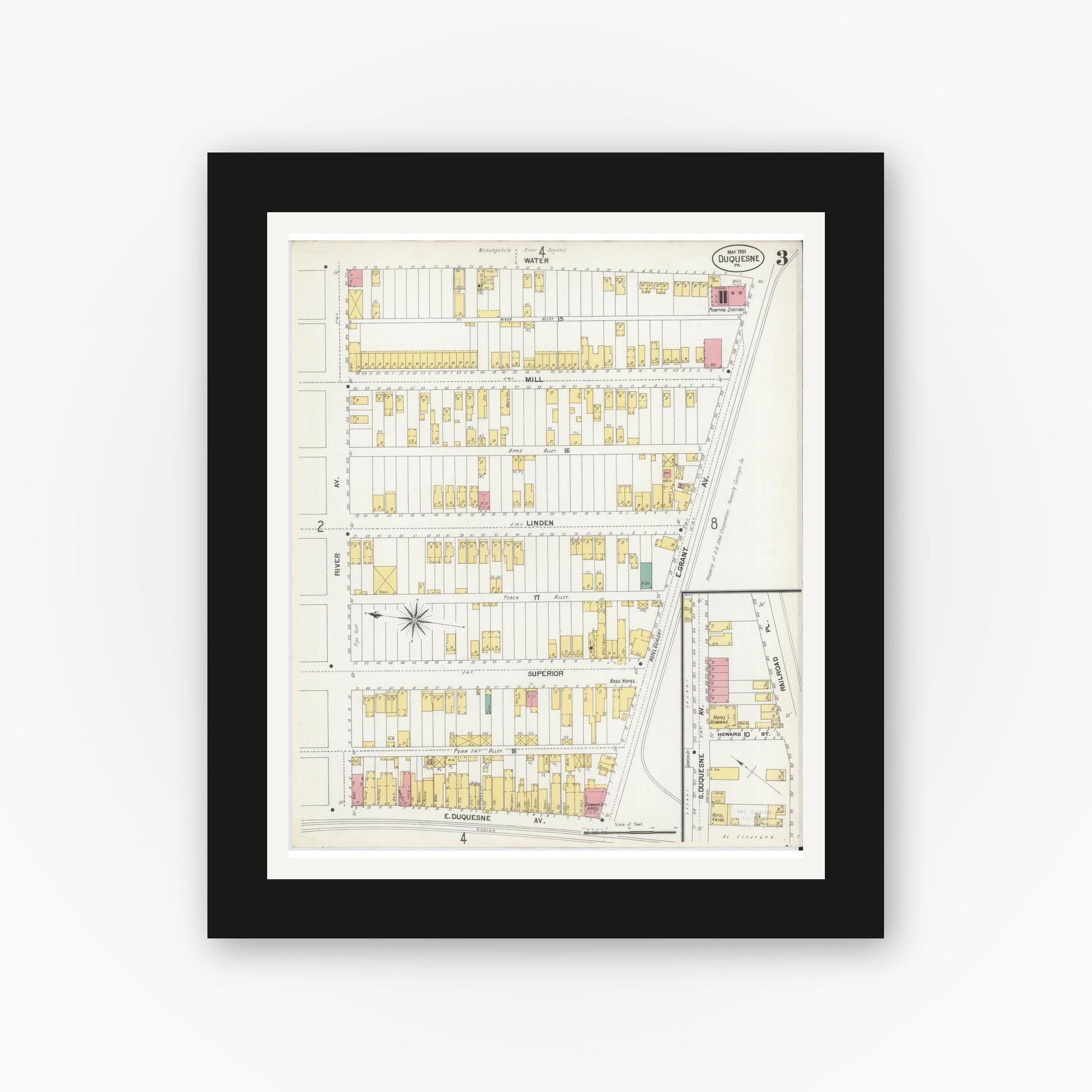 Old map wall art mockup — black gallery frame with white mat — Sanborn Fire Insurance Map from Duquesne, Allegheny County, Pennsylvania (1901), Sheet #0003