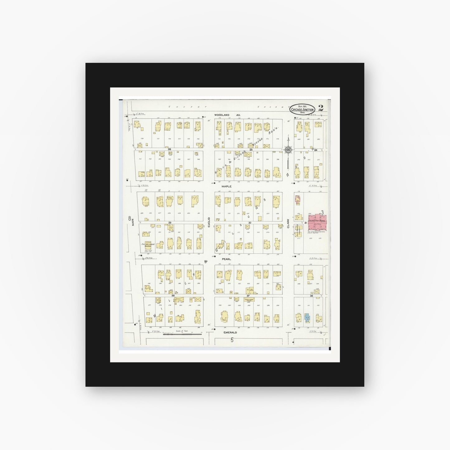 Old map wall art mockup — black gallery frame with white mat — Sanborn Fire Insurance Map from Chicago Junction, Huron County, Ohio (1911), Sheet #0002