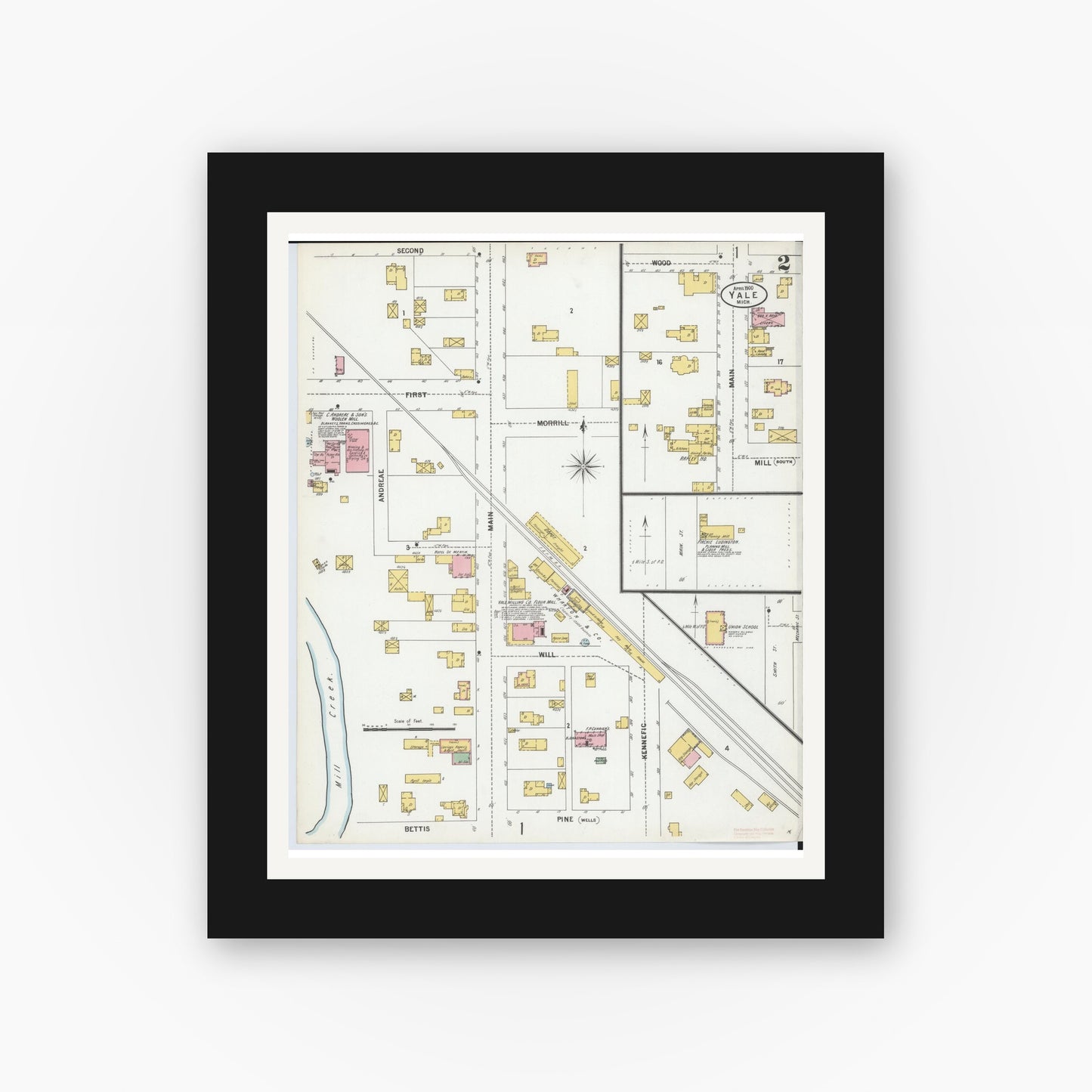 Old map wall art mockup — black gallery frame with white mat — Sanborn Fire Insurance Map from Yale, Saint Clair County, Michigan (1900), Sheet #0002