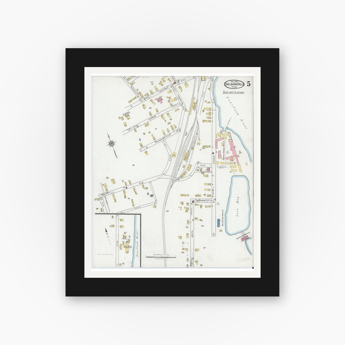 Old map wall art mockup — black gallery frame with white mat — Sanborn Fire Insurance Map from Shelburne Falls, Franklin County, Massachusetts (1919), Sheet #0005
