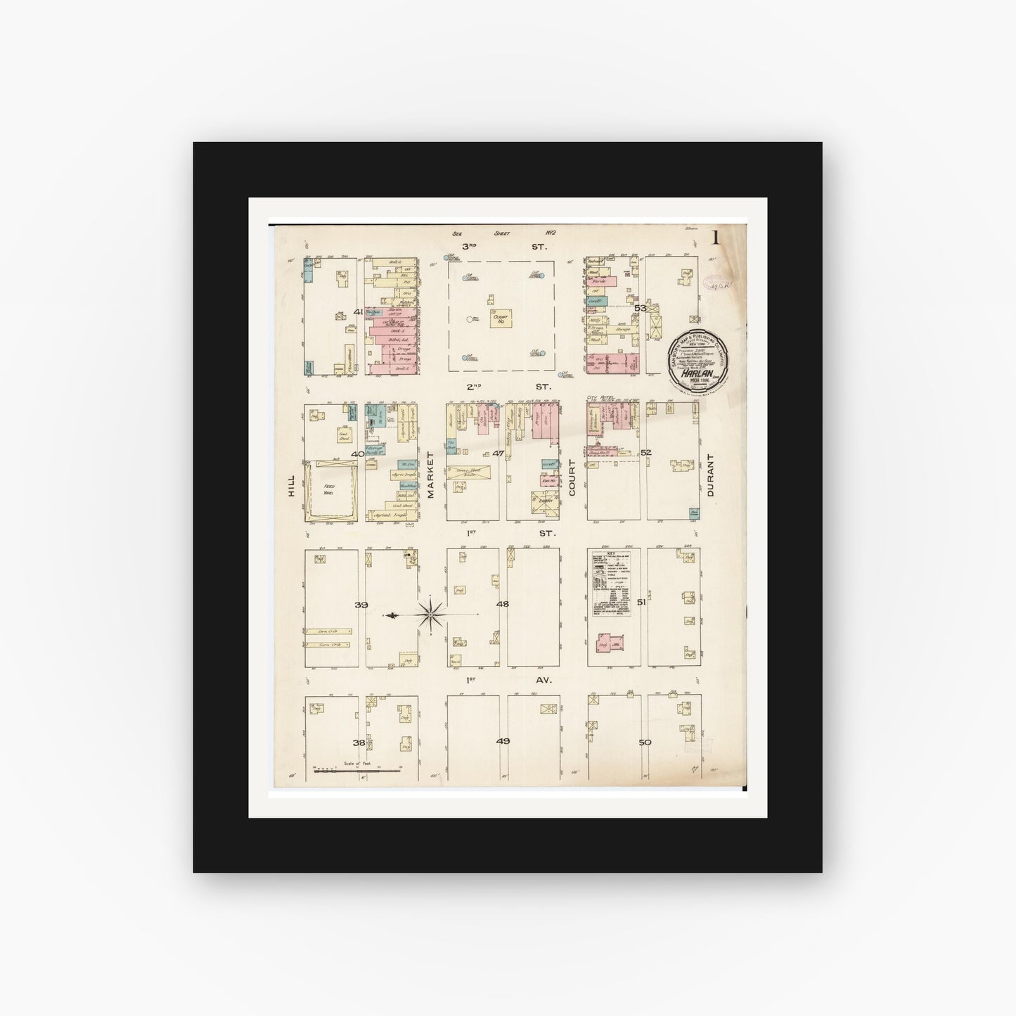 Old map wall art mockup — black gallery frame with white mat — Sanborn Fire Insurance Map from Harlan, Shelby County, Iowa (1886) â€” Complete Set