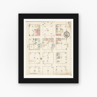 Old map wall art mockup — black gallery frame with white mat — Sanborn Fire Insurance Map from Harlan, Shelby County, Iowa (1886) â€” Complete Set