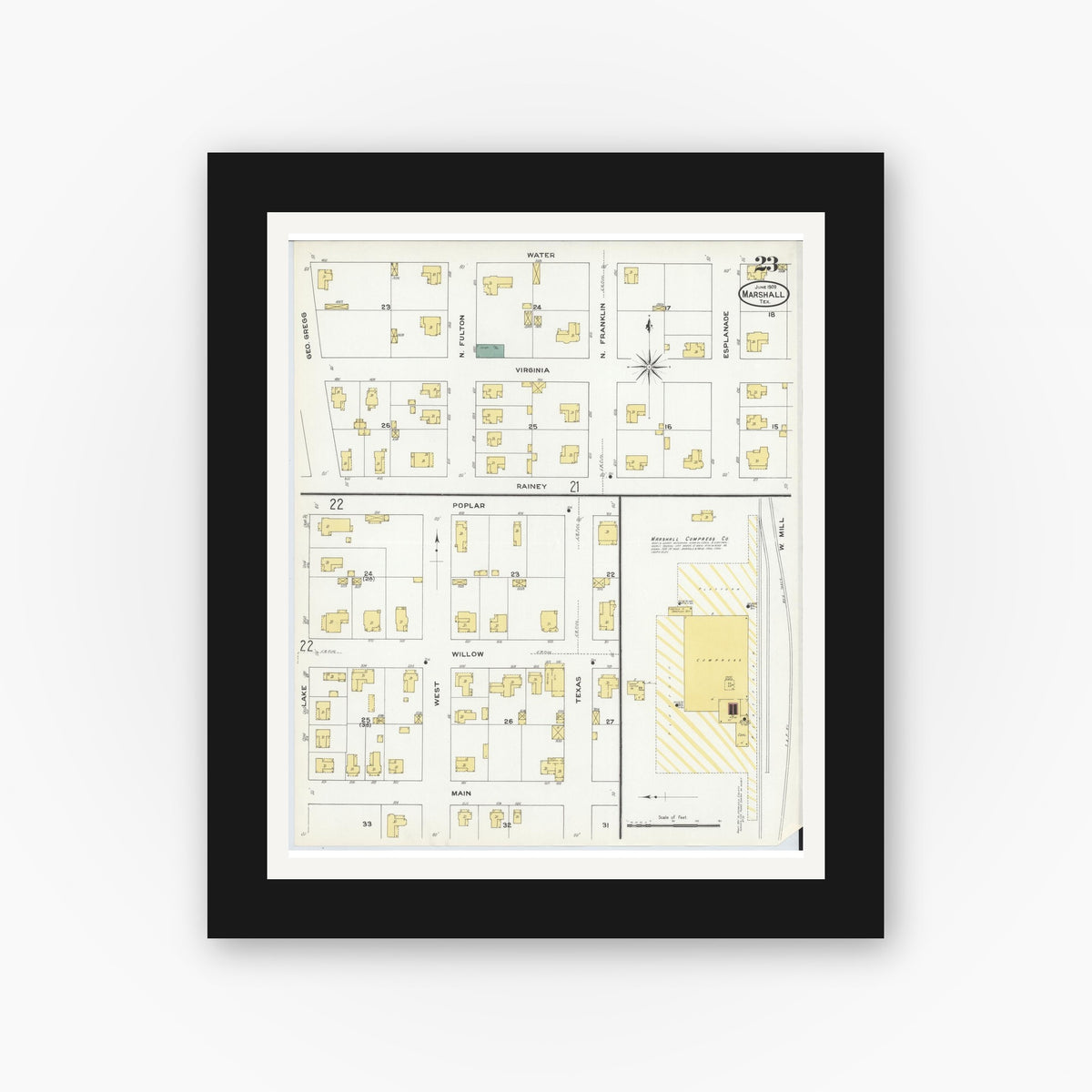Old map wall art mockup — black gallery frame with white mat — Sanborn Fire Insurance Map from Marshall, Harrison County, Texas (1909), Sheet #0023