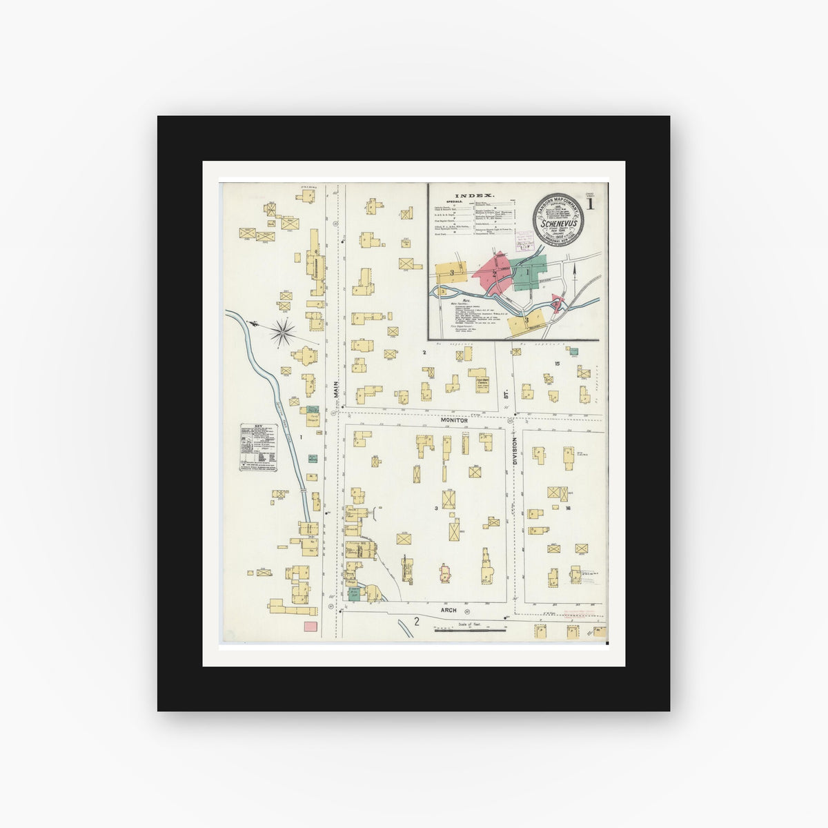 Old map wall art mockup — black gallery frame with white mat — Sanborn Fire Insurance Map from Schenevus, Otsego County, New York (1905), Sheet #0001