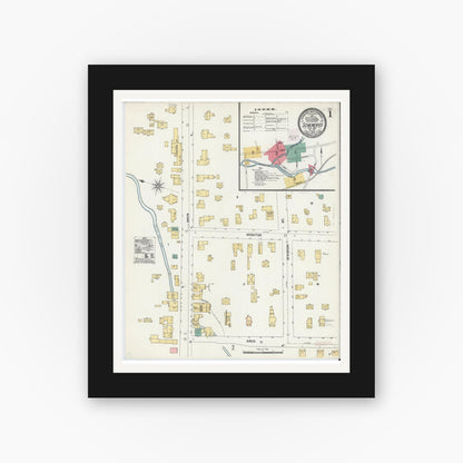 Old map wall art mockup — black gallery frame with white mat — Sanborn Fire Insurance Map from Schenevus, Otsego County, New York (1905), Sheet #0001