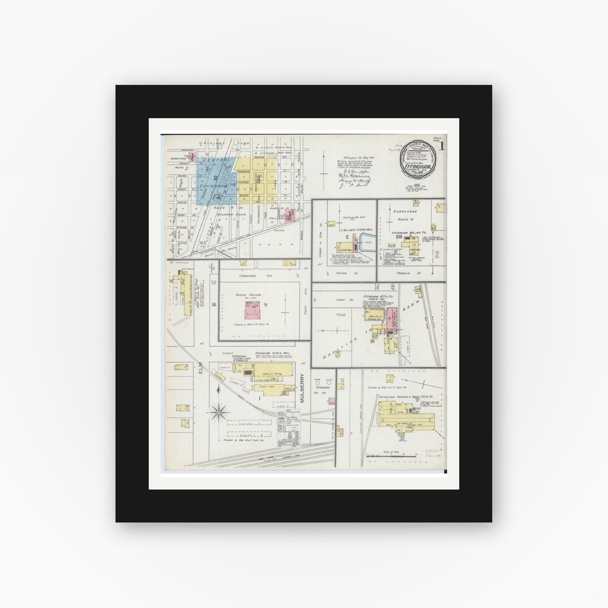 Old map wall art mockup — black gallery frame with white mat — Sanborn Fire Insurance Map from Effingham, Effingham County, Illinois (1893), Sheet #0001