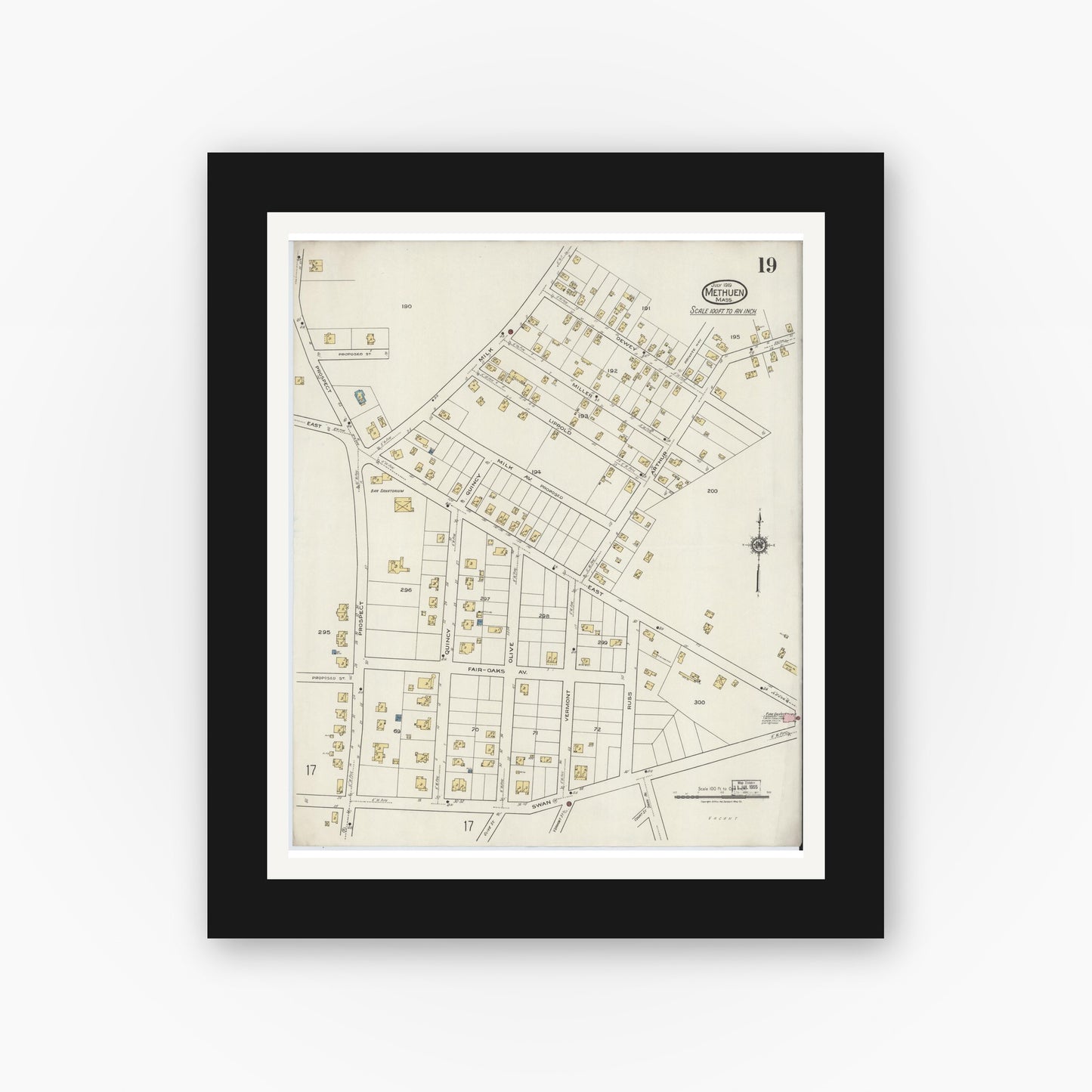 Old map wall art mockup — black gallery frame with white mat — Sanborn Fire Insurance Map from Methuen, Essex County, Massachusetts (1919), Sheet #0019