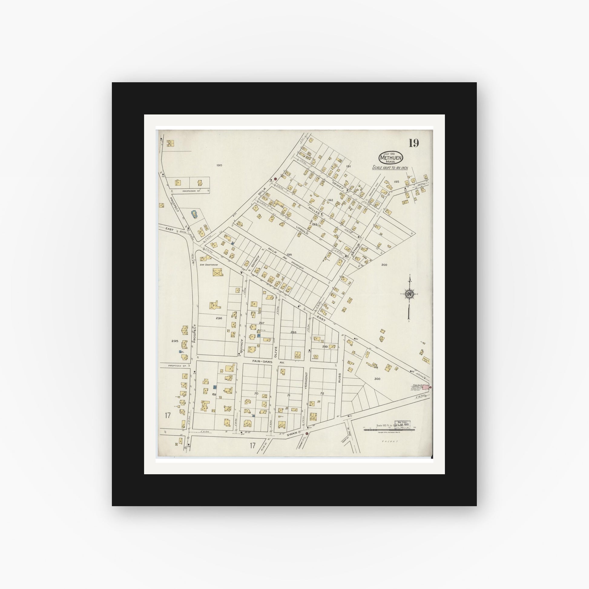 Old map wall art mockup — black gallery frame with white mat — Sanborn Fire Insurance Map from Methuen, Essex County, Massachusetts (1919), Sheet #0019