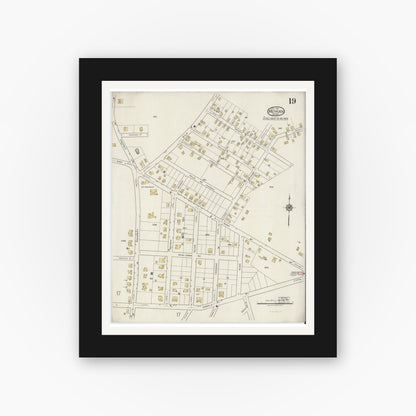 Old map wall art mockup — black gallery frame with white mat — Sanborn Fire Insurance Map from Methuen, Essex County, Massachusetts (1919), Sheet #0019