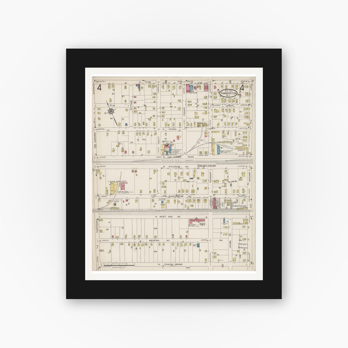 Old map wall art mockup — black gallery frame with white mat — Sanborn Fire Insurance Map from Hammonton, Atlantic County, New Jersey (1923), Sheet #0004
