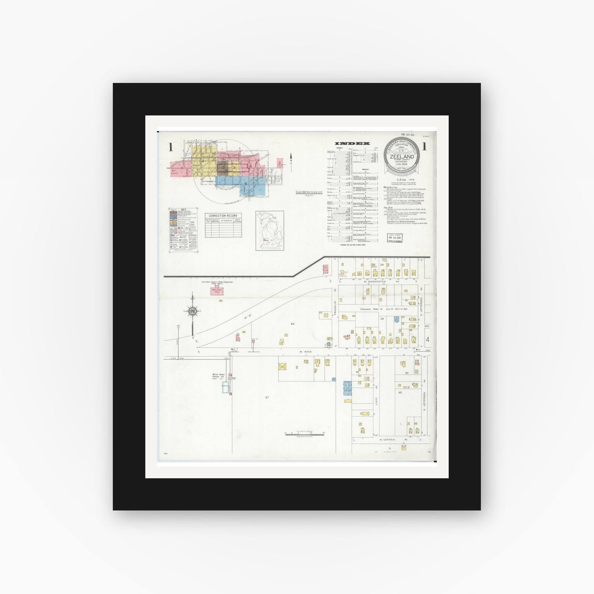 Old map wall art mockup — black gallery frame with white mat — Sanborn Fire Insurance Map from Zeeland, Ottawa County, Michigan (1934) - Complete Map Set