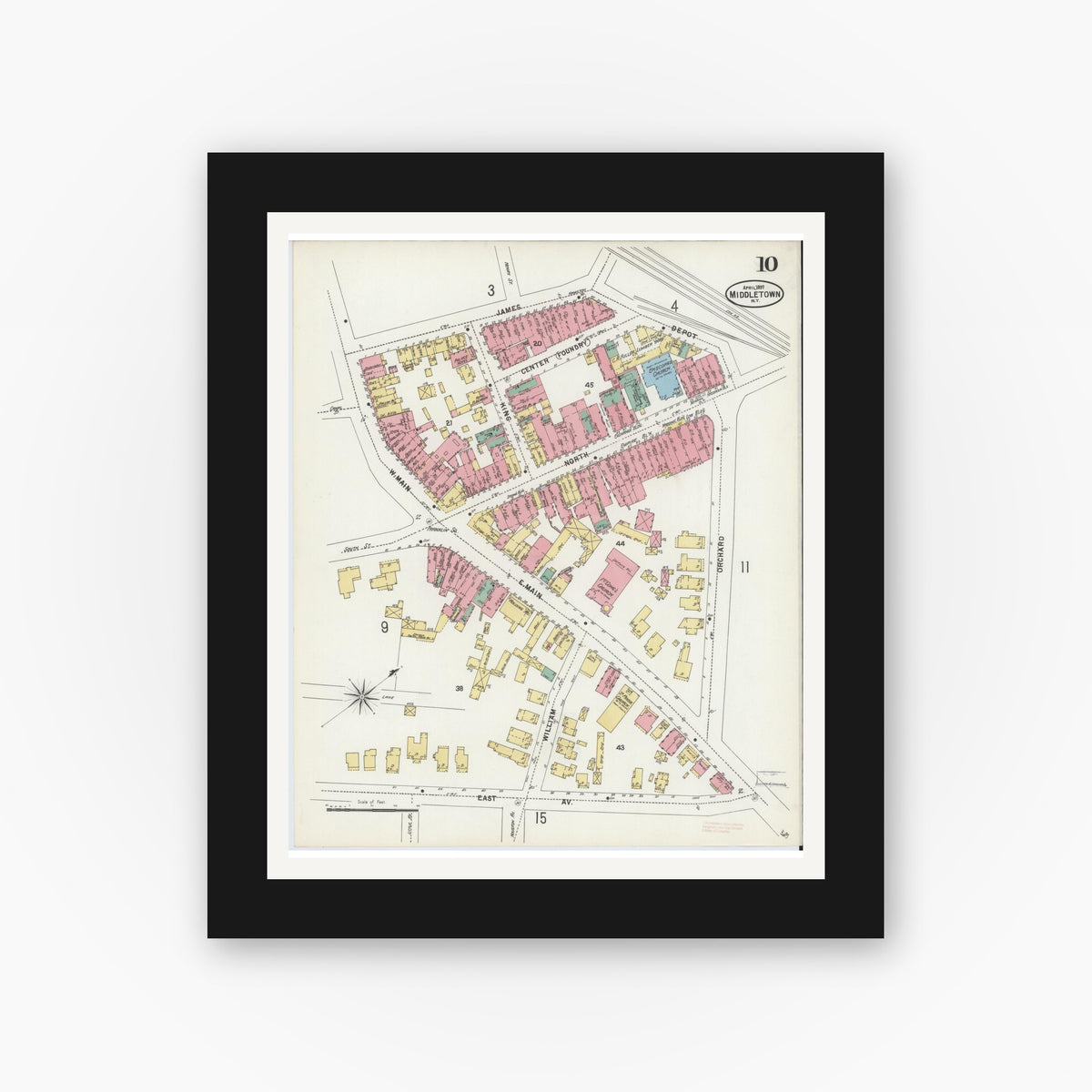 Old map wall art mockup — black gallery frame with white mat — Sanborn Fire Insurance Map from Middletown, Orange County, New York (1897), Sheet #0010