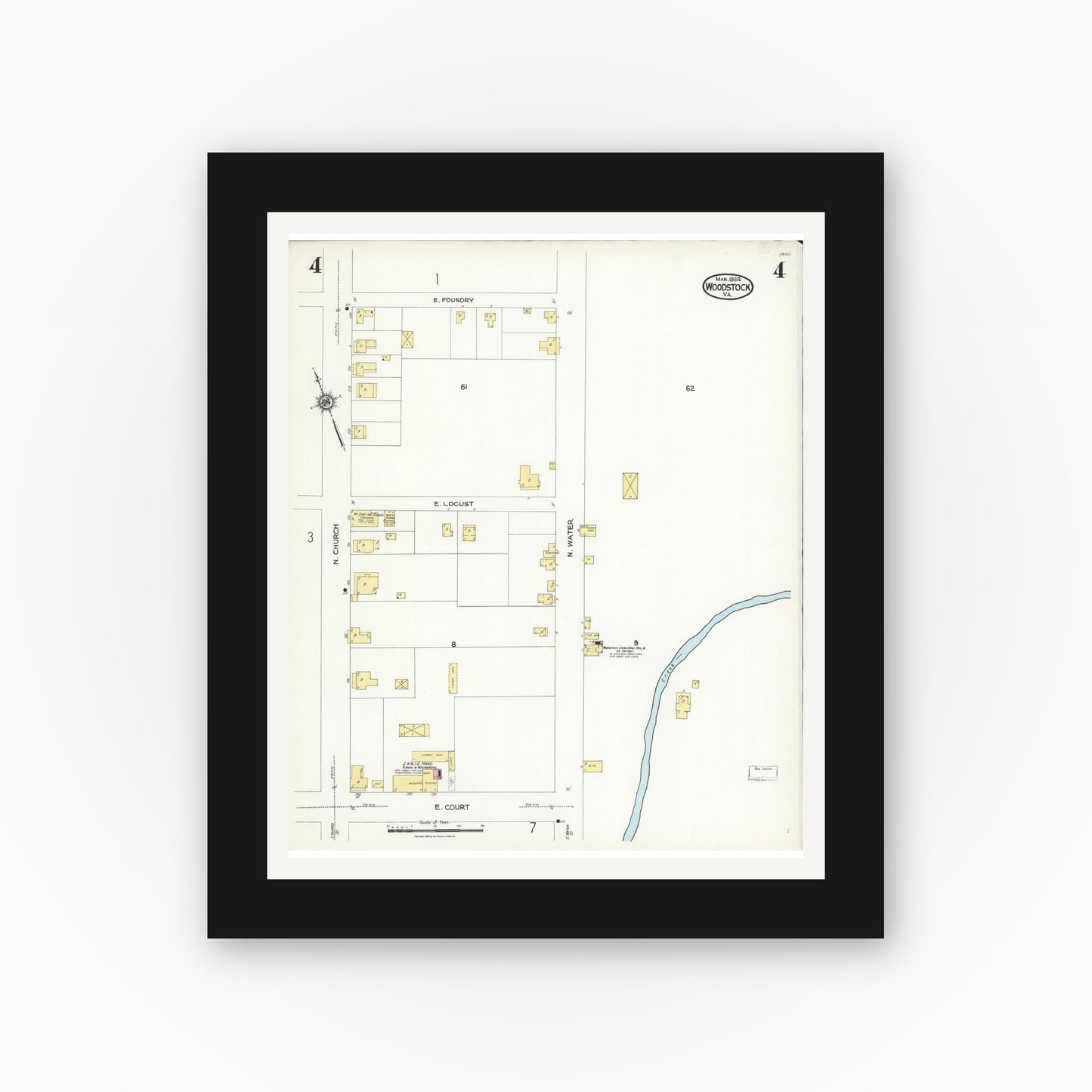 Old map wall art mockup — black gallery frame with white mat — Sanborn Fire Insurance Map from Woodstock, Shenandoah County, Virginia (1924), Sheet #0004