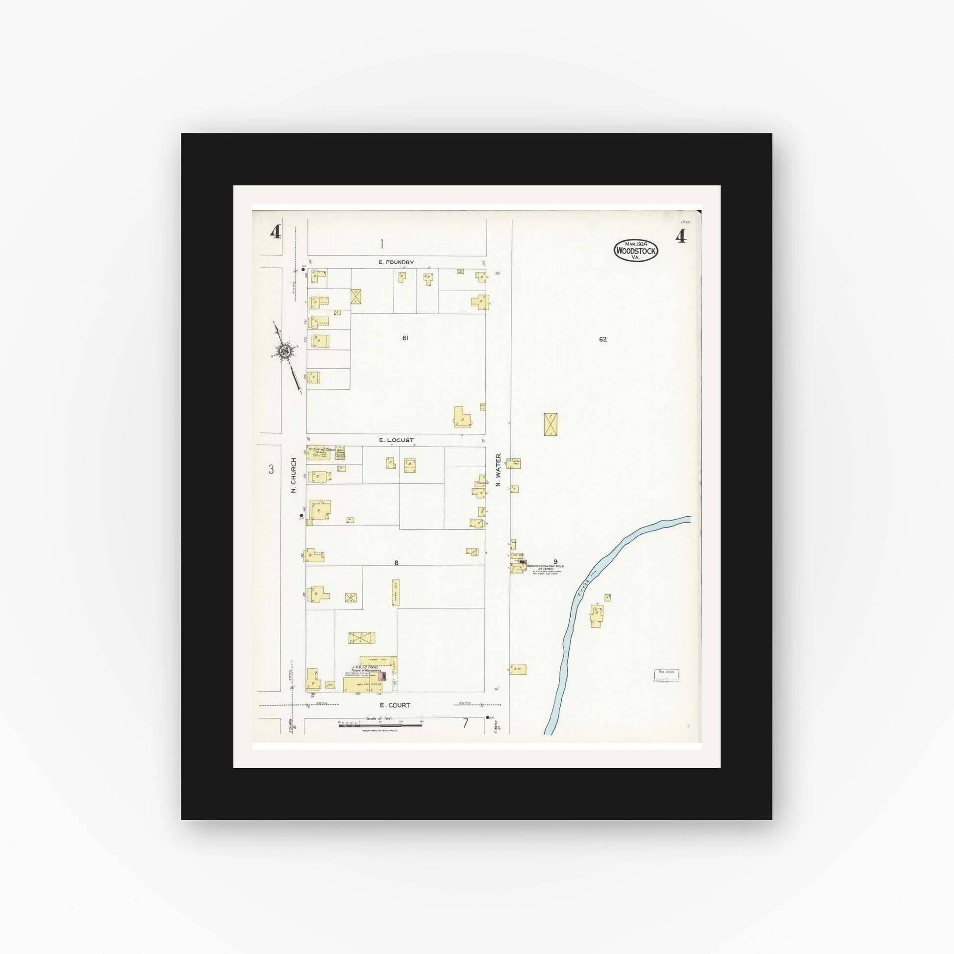 Old map wall art mockup — black gallery frame with white mat — Sanborn Fire Insurance Map from Woodstock, Shenandoah County, Virginia (1924), Sheet #0004