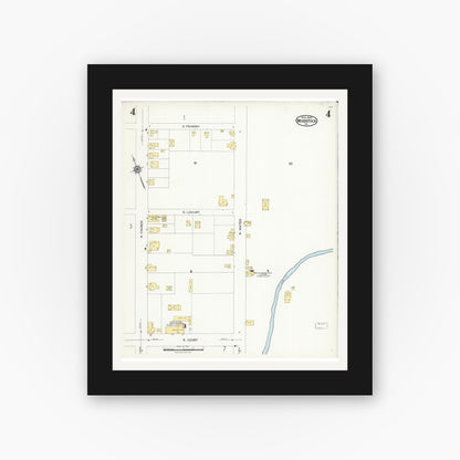 Old map wall art mockup — black gallery frame with white mat — Sanborn Fire Insurance Map from Woodstock, Shenandoah County, Virginia (1924), Sheet #0004