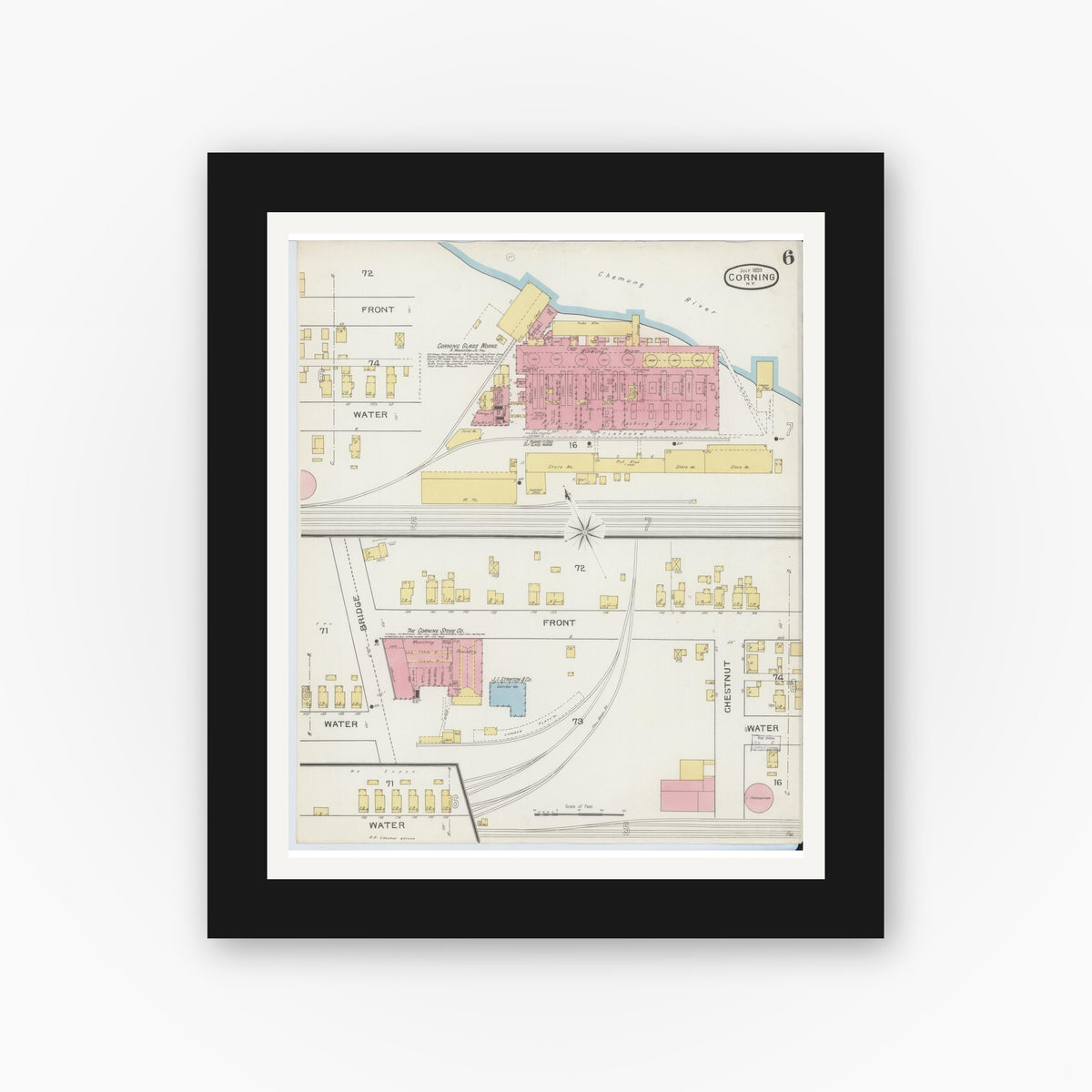 Old map wall art mockup — black gallery frame with white mat — Sanborn Fire Insurance Map from Corning, Steuben County, New York (1893), Sheet #0006