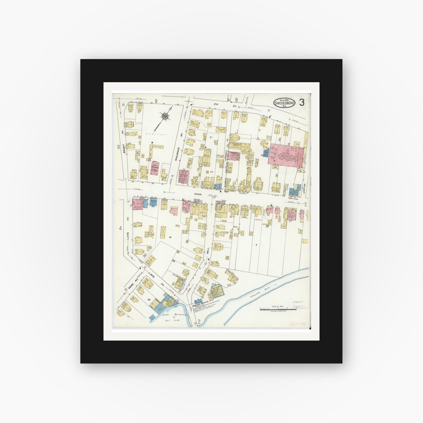 Old map wall art mockup — black gallery frame with white mat — Sanborn Fire Insurance Map from Swedesboro, Gloucester County, New Jersey (1920), Sheet #0003