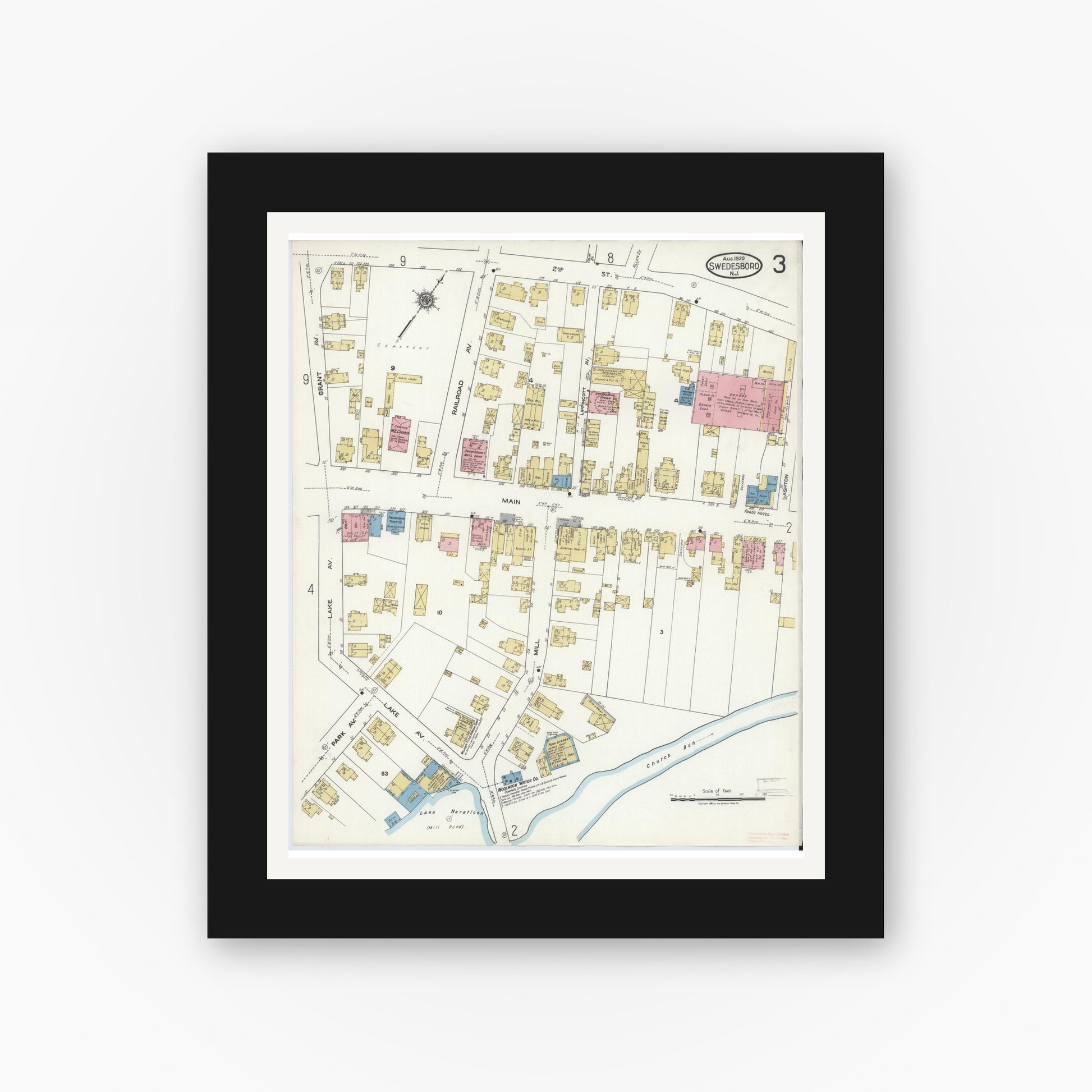 Old map wall art mockup — black gallery frame with white mat — Sanborn Fire Insurance Map from Swedesboro, Gloucester County, New Jersey (1920), Sheet #0003