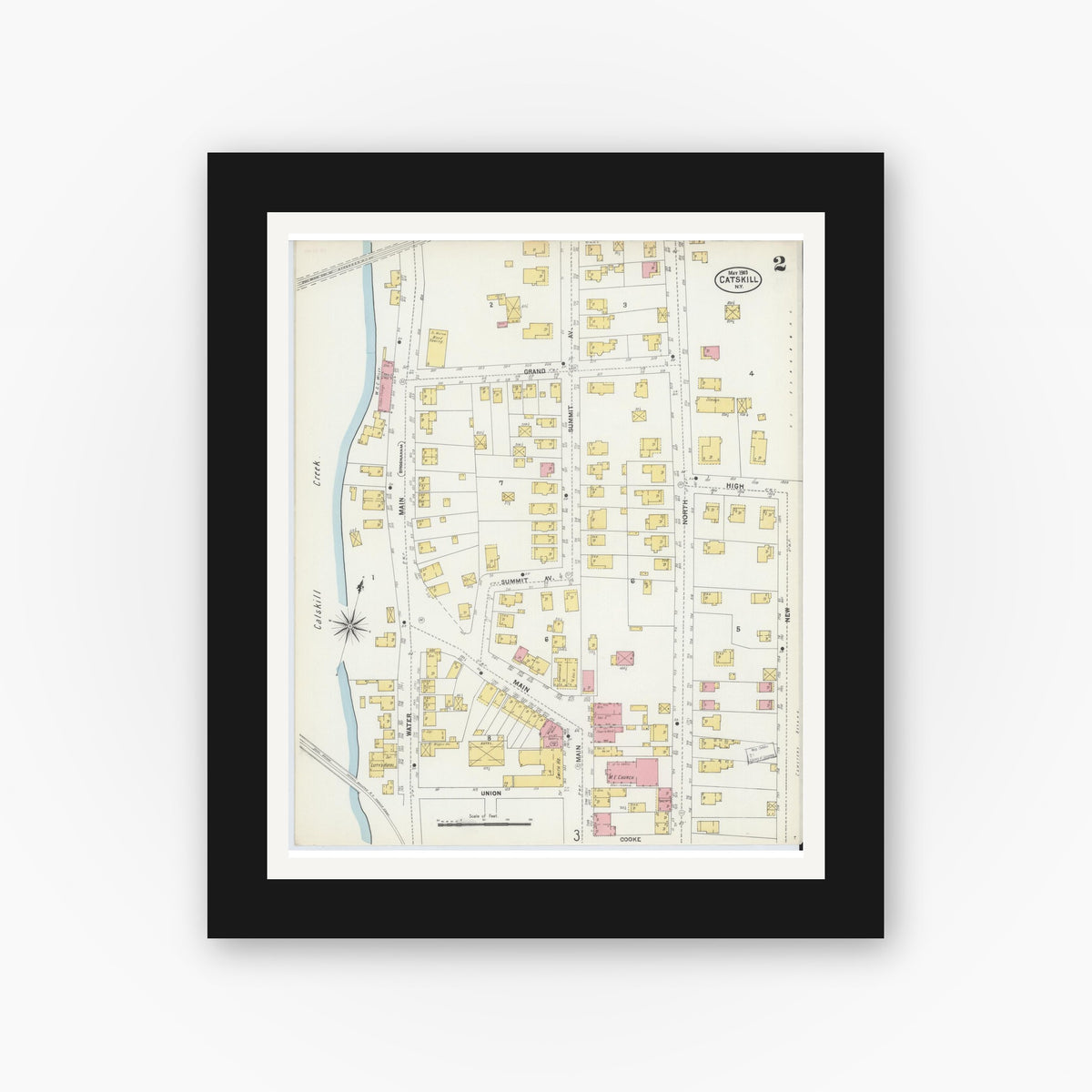Old map wall art mockup — black gallery frame with white mat — Sanborn Fire Insurance Map from Catskill, Greene County, New York (1903), Sheet #0002