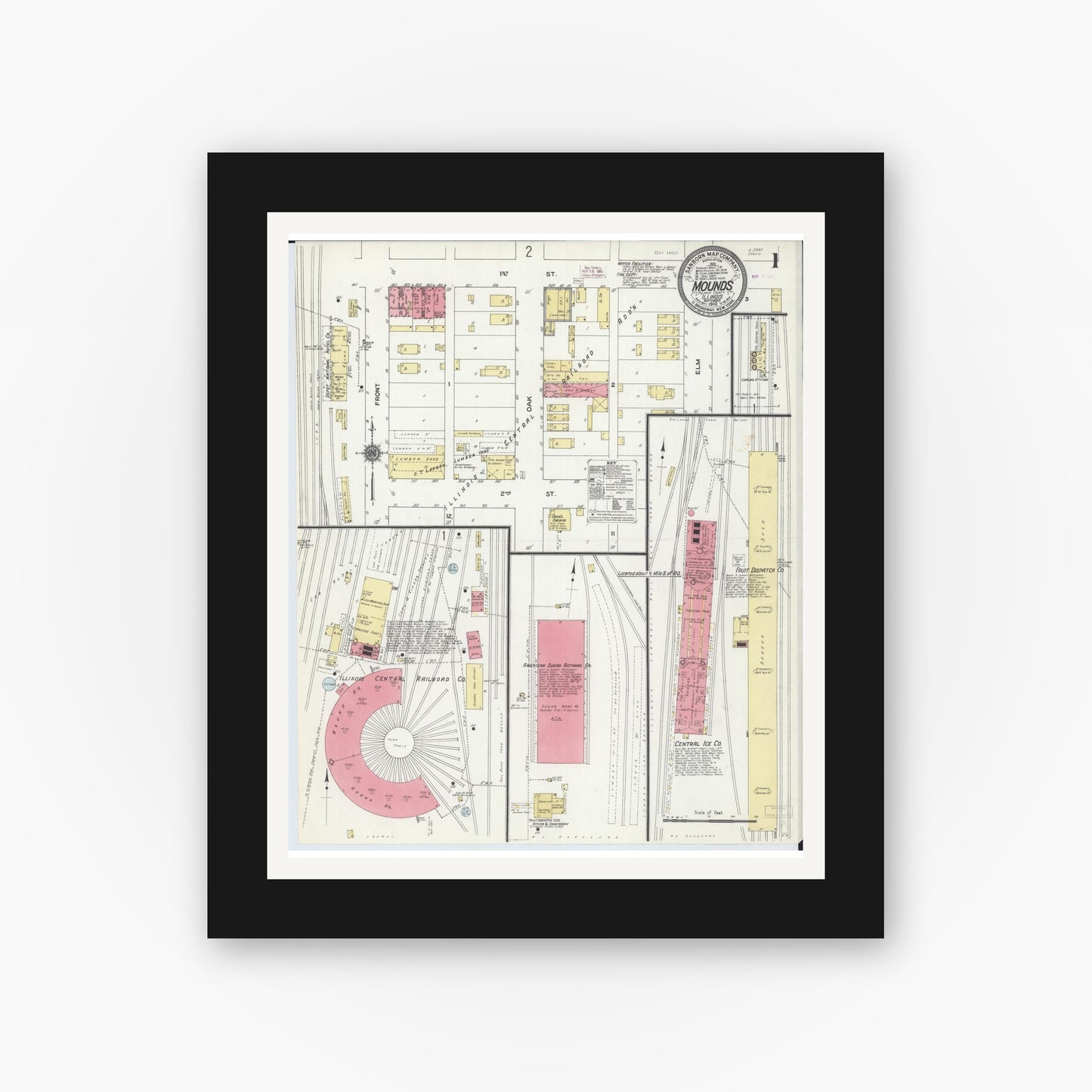 Old map wall art mockup — black gallery frame with white mat — Sanborn Fire Insurance Map from Mounds, Pulaski County, Illinois (1910) - Complete Map Set