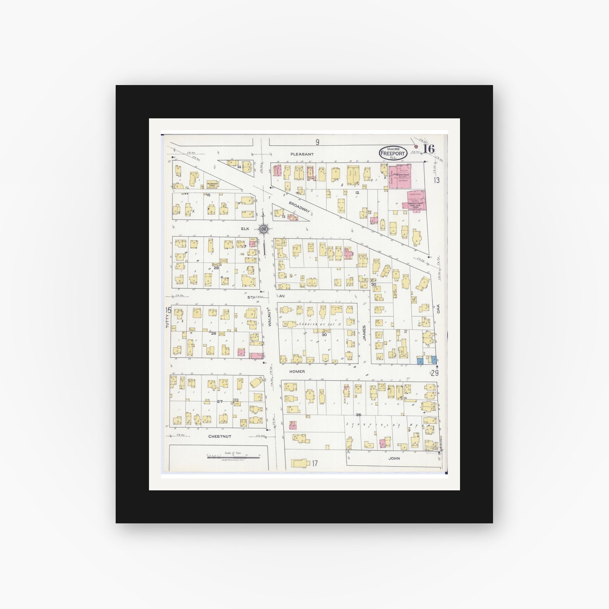 Old map wall art mockup — black gallery frame with white mat — Sanborn Fire Insurance Map from Freeport, Stephenson County, Illinois (1918), Sheet #0016