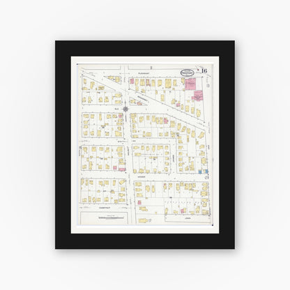 Old map wall art mockup — black gallery frame with white mat — Sanborn Fire Insurance Map from Freeport, Stephenson County, Illinois (1918), Sheet #0016