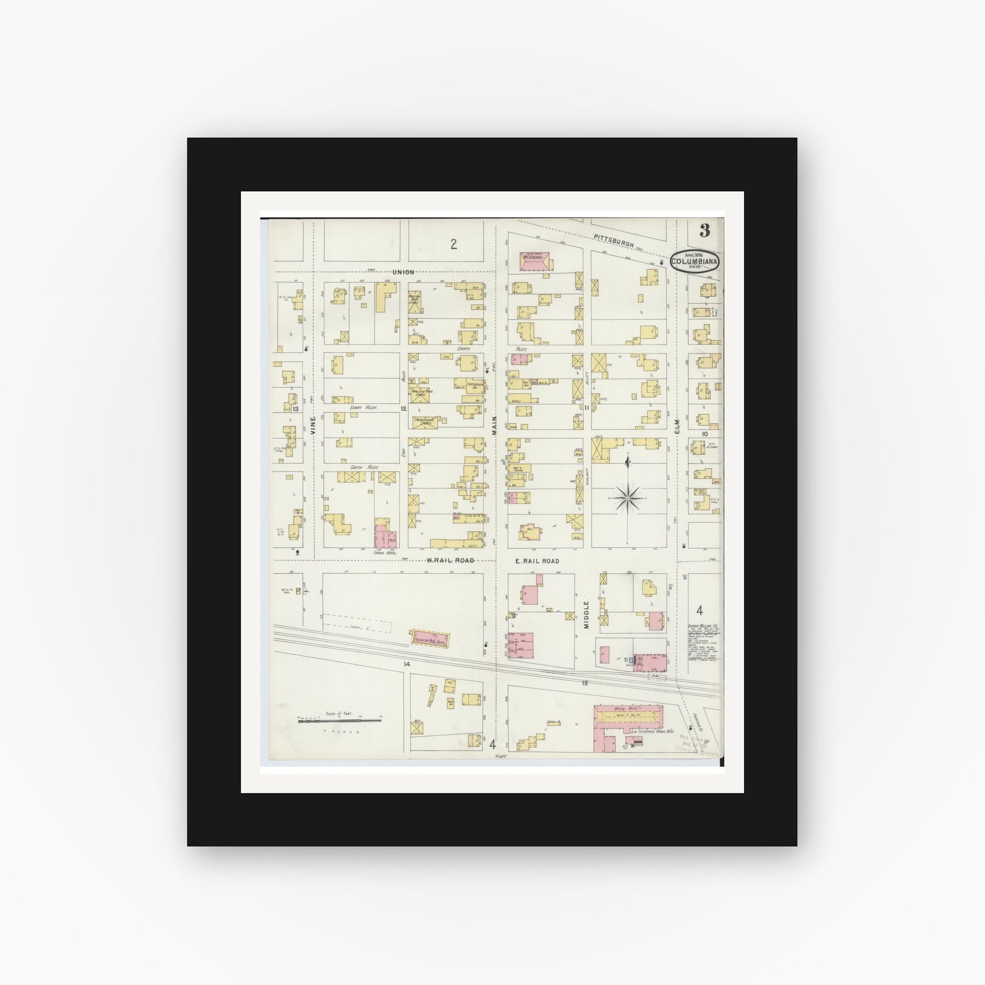 Old map wall art mockup — black gallery frame with white mat — Sanborn Fire Insurance Map from Columbiana, Columbiana County, Ohio (1896), Sheet #0003