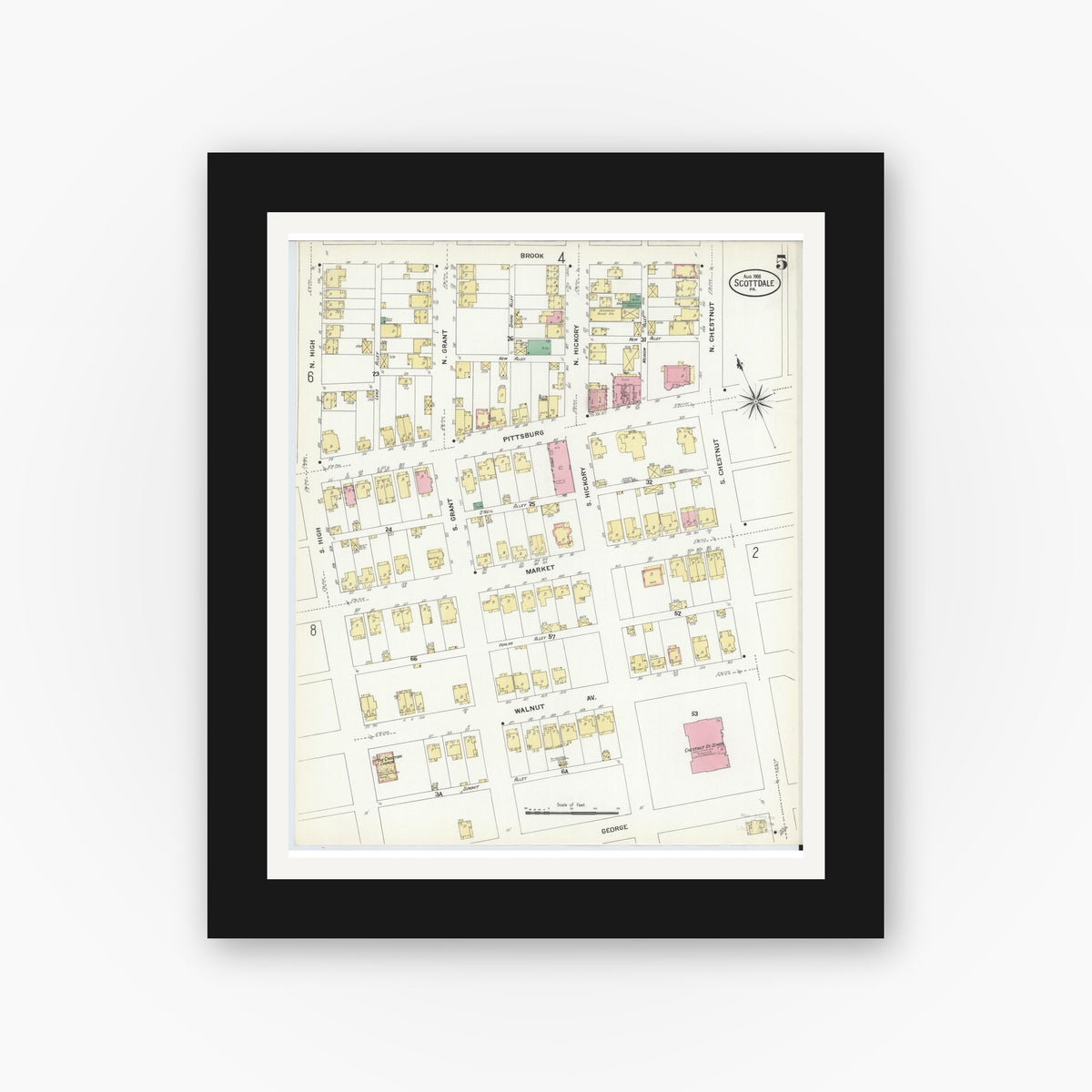 Old map wall art mockup — black gallery frame with white mat — Sanborn Fire Insurance Map from Scottdale, Westmoreland County, Pennsylvania (1908), Sheet #0005