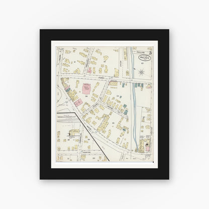 Old map wall art mockup — black gallery frame with white mat — Sanborn Fire Insurance Map from Malden, Middlesex County, Massachusetts (1887), Sheet #0005